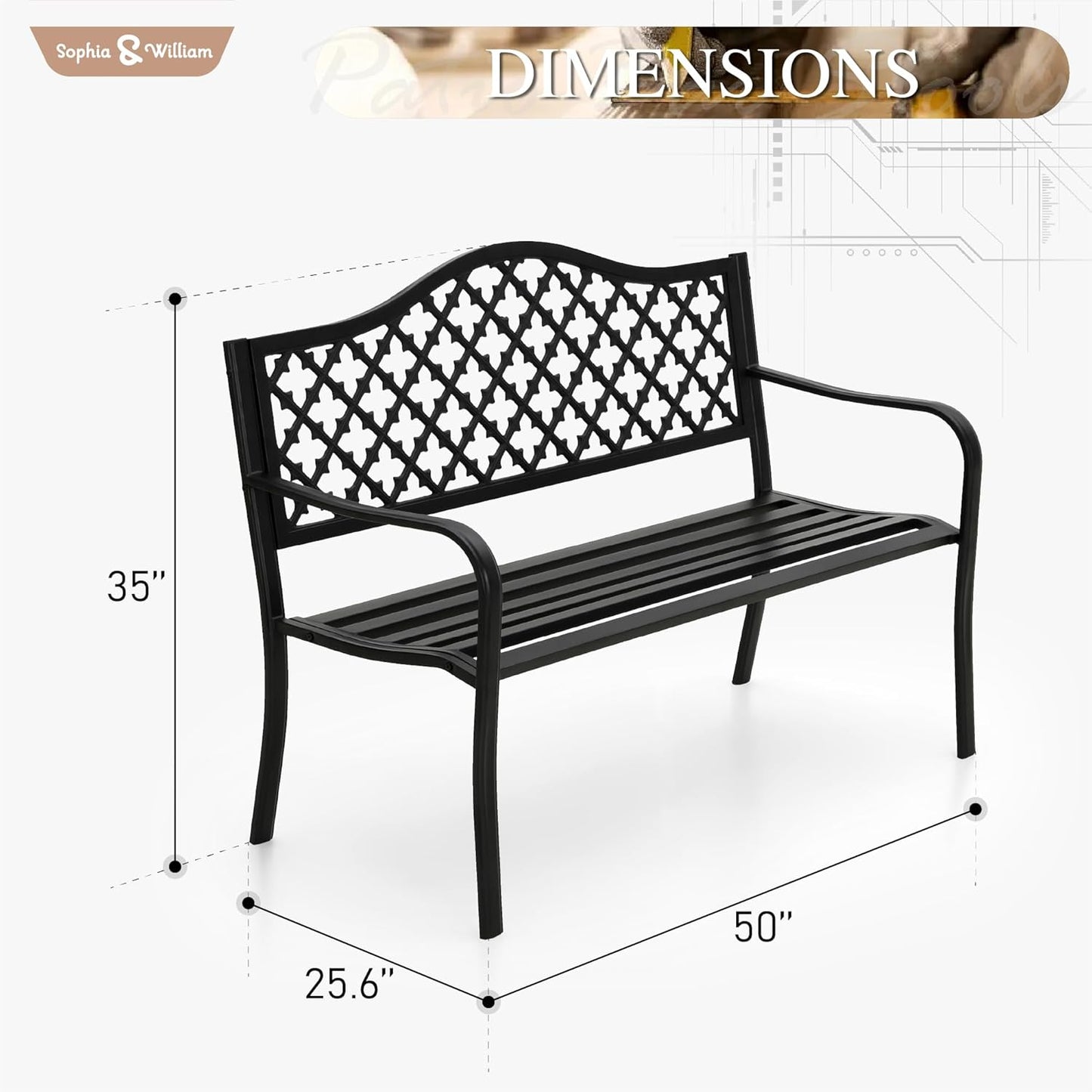 Sophia & William Outdoor Bench, 50 inches Metal Garden Bench, Cast Iron Park Benches for Outside with Floral Backrest and Straight Legs for Porch Yard Lawn Deck,Black