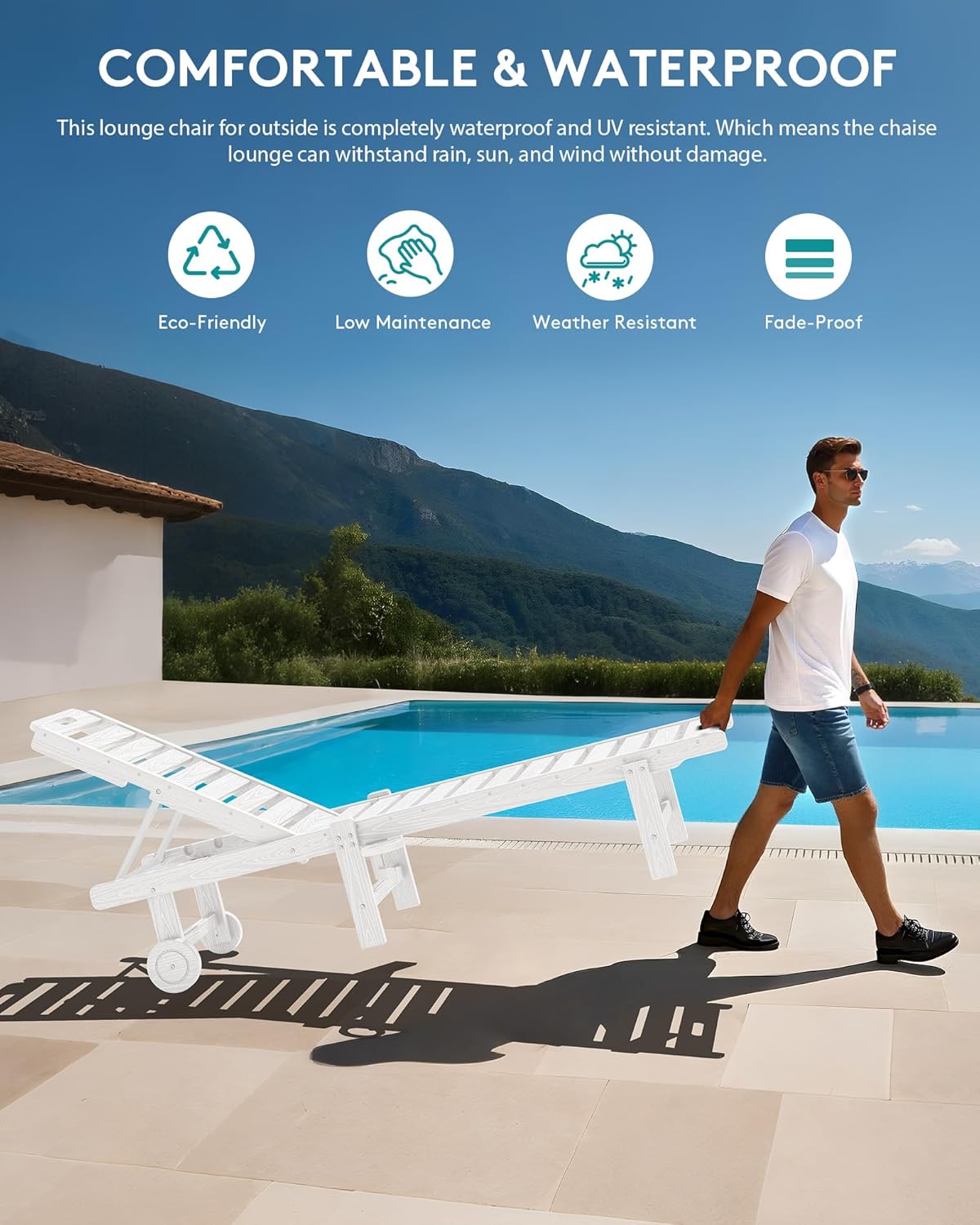 SERWALL Patio Chaise Lounge Set of 2, HDPE Outdoor Lounge Chair with Cup Holder, 5 Positions Adjustable Pool Lounge Chair with Rolling Wheels for Poolside, Deck, Sunbathing, White