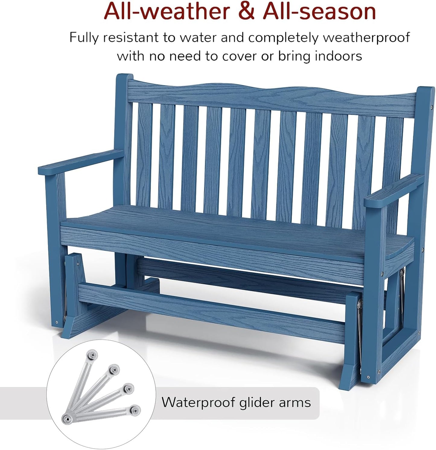 Stoog Outdoor Glider Bench, All-Weather HIPS Patio Glider with 800 lbs Weight Capacity, Never Fade or Rot, Outdoor Rocking Bench Chair for Porch, Backyard, Blue