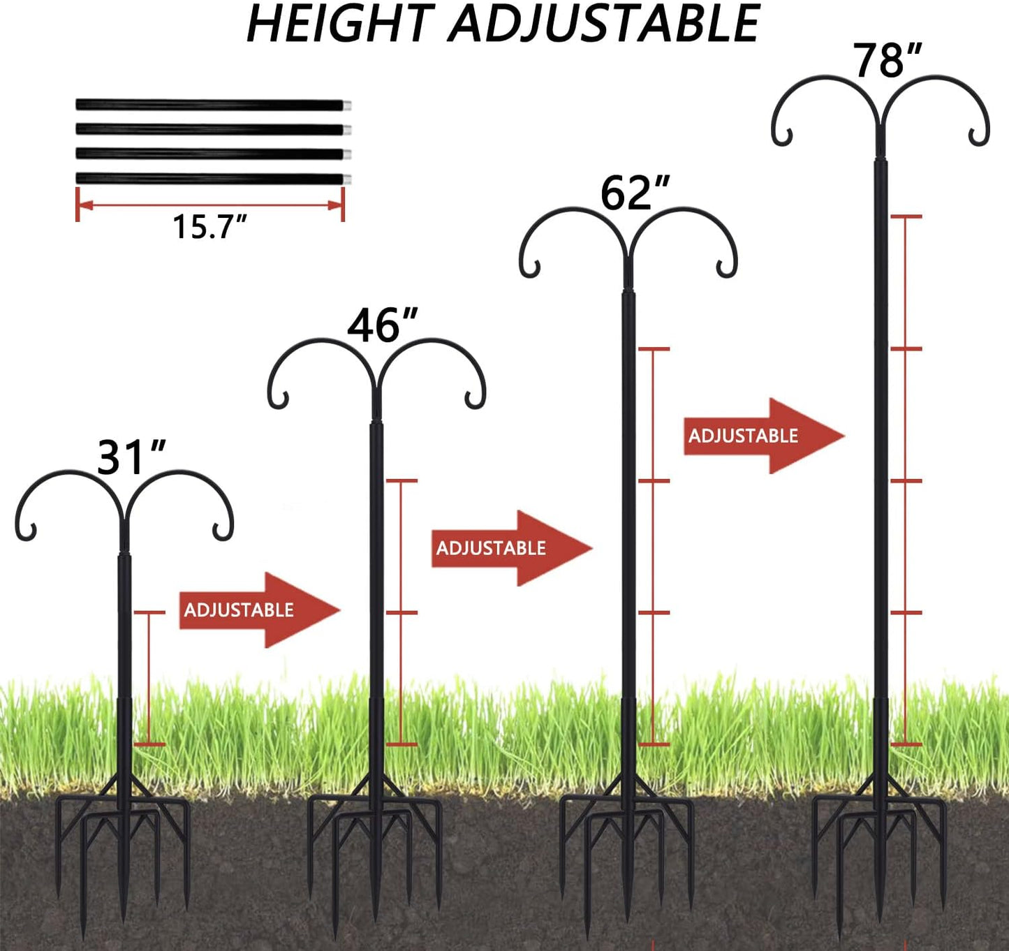 Bird Feeder Pole, Double Shepherds Hooks for Outdoor, 5 Base Prongs Adjustable Stand for Hanging Heavy Duty Feeders, Plant Baskets, Garden Plant Hanger Stands (78Inch, 2 Pack)