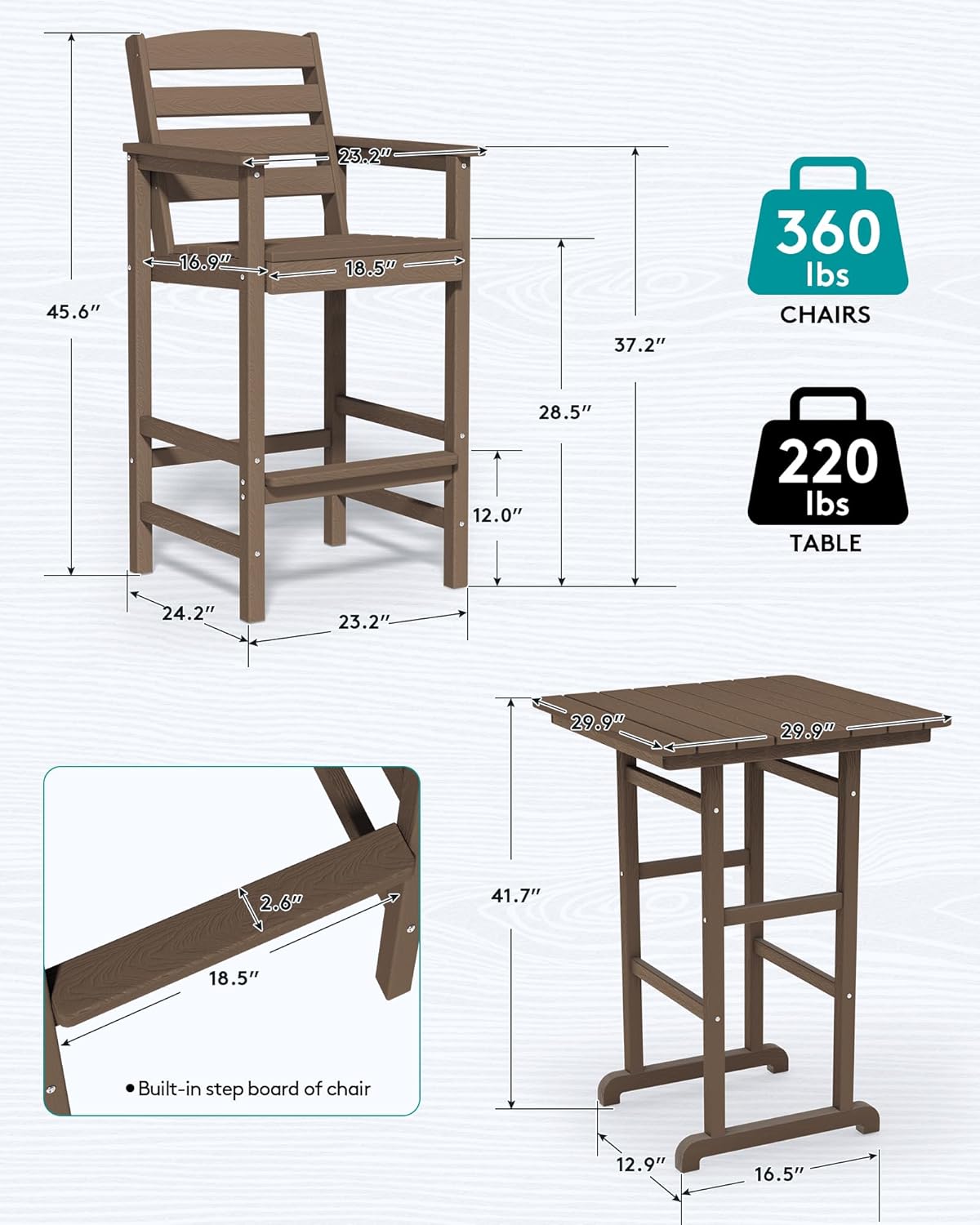 SERWALL HDPE Outdoor Patio Bar Set, Tall Adirondack Bar Chair and Table Set (Coffee, 3 pcs)