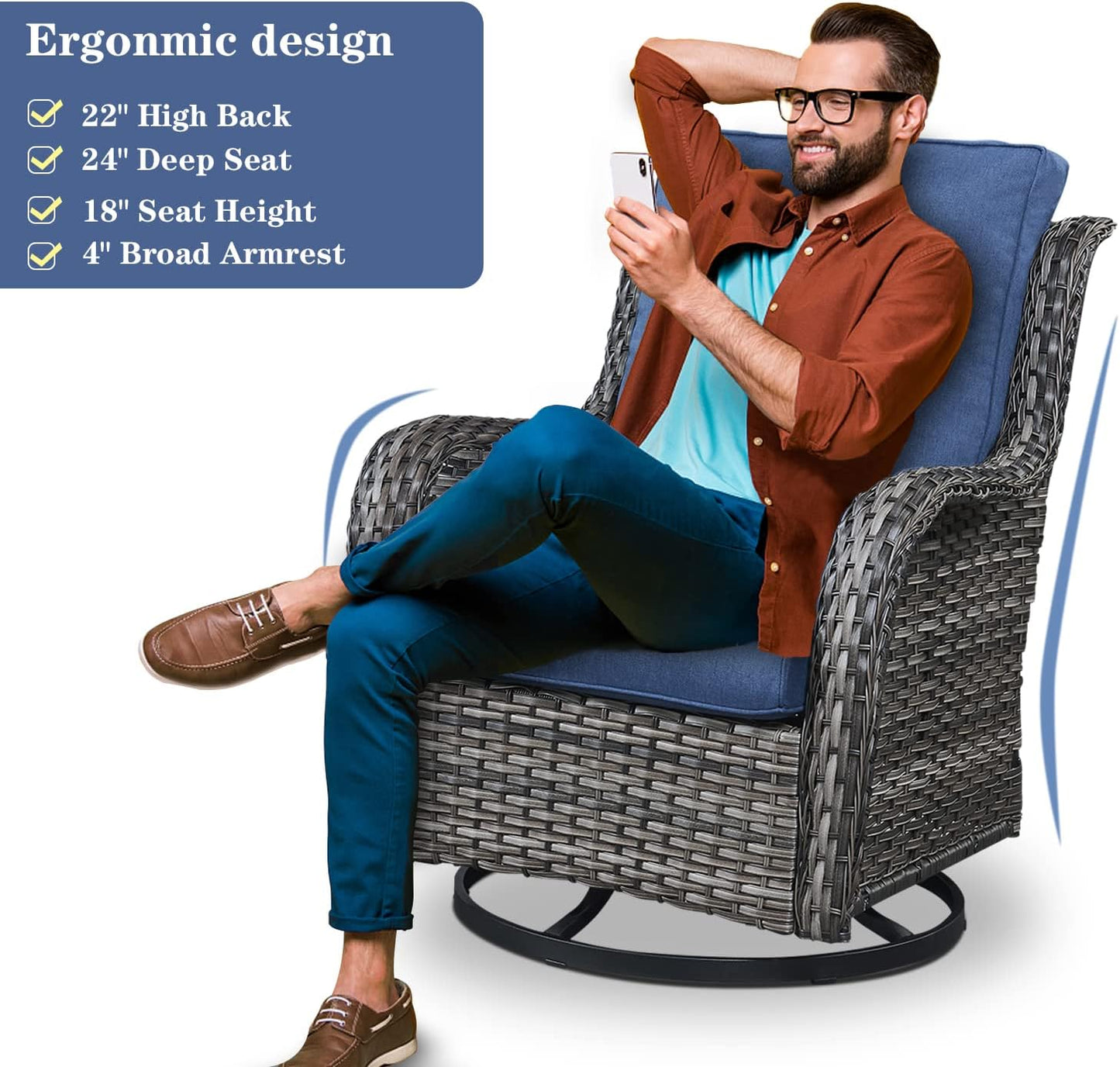 Outdoor Patio Furniture Set with 50000BTU Propane Fire Pit Table, 7 Pieces Wicker Patio Conversation Set with 2 Swivel Glider Rocker Chairs Rattan Sofa Blue Cushion Perfect for Casual Gathering