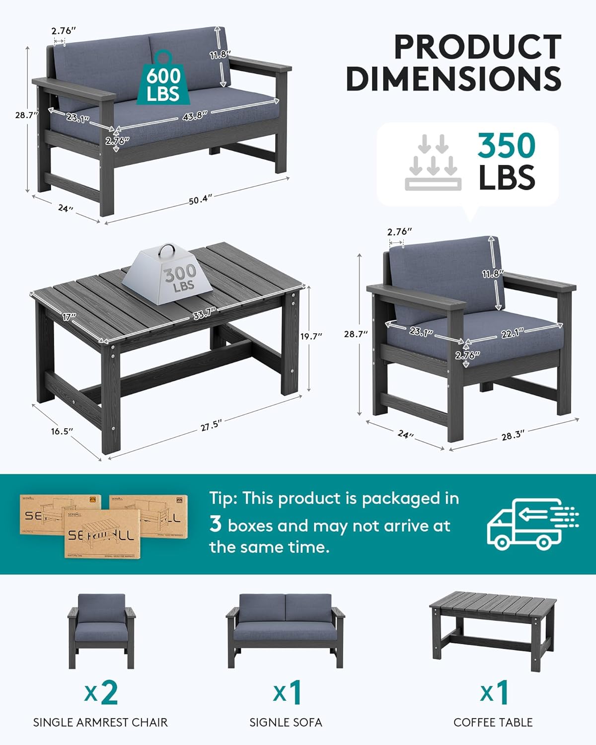 SERWALL 4 Pieces HDPE Outdoor Sofa Set with Cushion, All Weather Use Conversation Couch Set, Outdoor Loveseat Social Furniture with Coffee Table and Cushions, Grey Frame with Grey Cushions