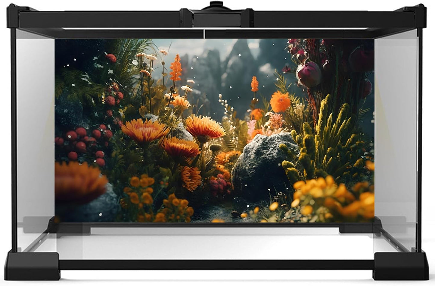 Foggy Stone Terrarium Background Green Seaweed Scenery Orange Floral Aquarium Background Durable Reptile Habitat Flower Background Mysterious Tank Backdrop Vinyl 24x12in