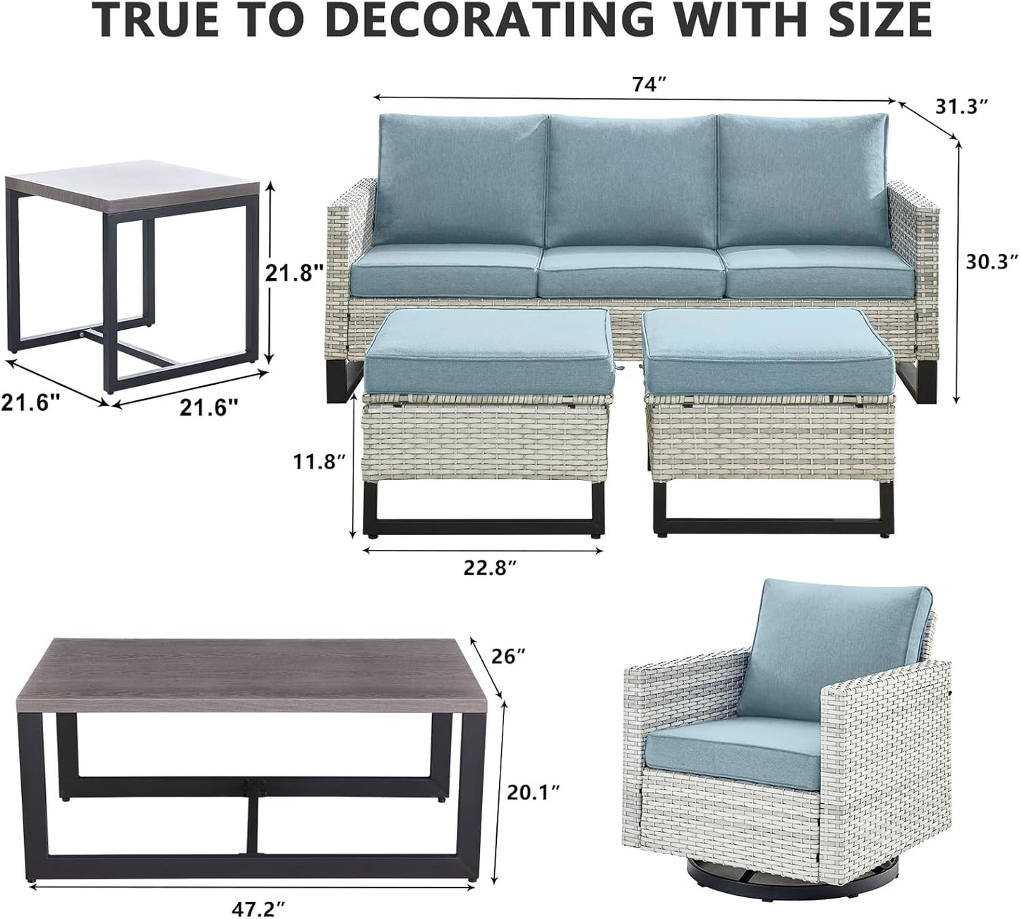 HUMMUH 7 Piece Patio Furniture Set Outdoor Sectional Sofa,High Back Patio Swivel Glider Chairs with Ottomans Coffee Table for Porch,Garden,Backyard…