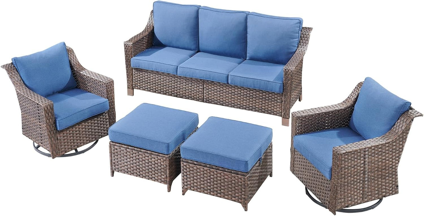 Outdoor Wicker Patio Furniture Set - 5 Piece Outside Rattan Conversation Bistro Dining Chair Sets with Rocking Swivel Chairs, 3-Seat Couch and Ottomans for Porch Yard Balcony – Brown/Blue