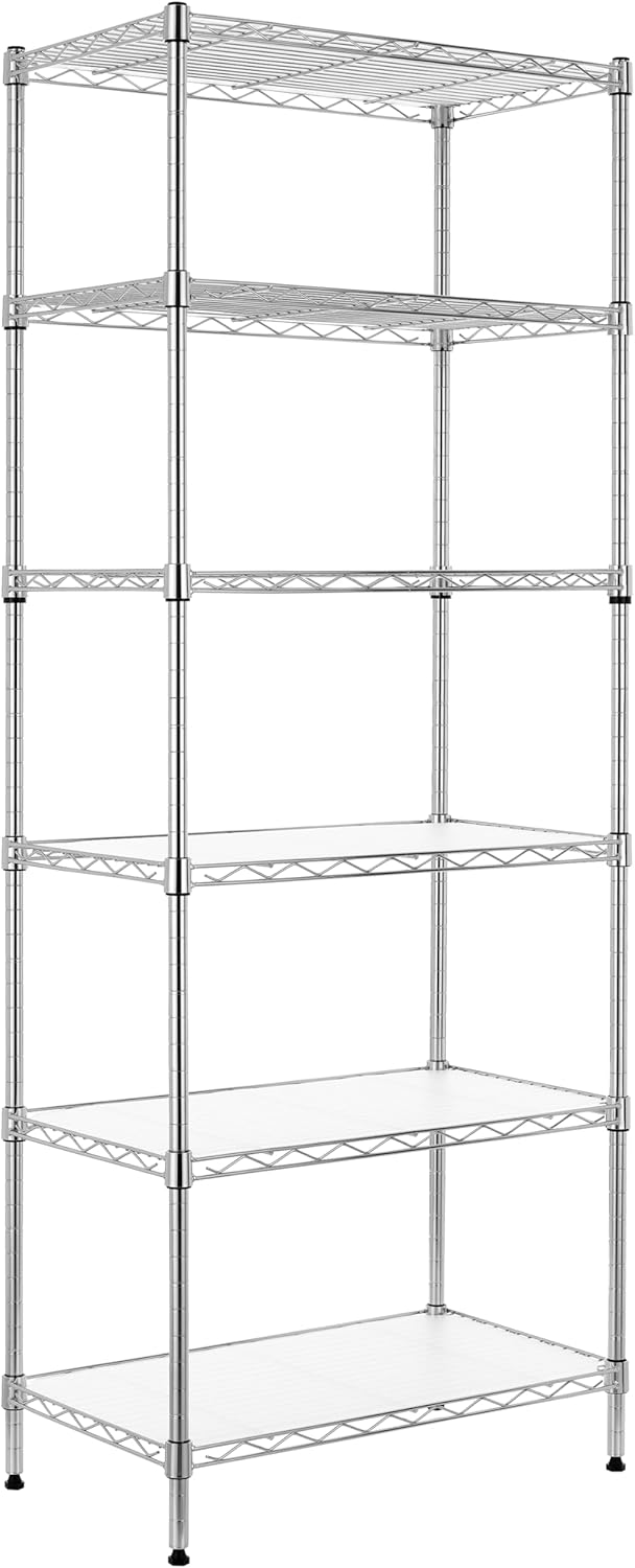 Finnhomy 6-Tier Wire Shelving Unit Adjustable Steel Wire Rack Shelving 6 Shelves Steel Storage Rack or Two 3 Tier Shelving Units with PE mat and Stable Leveling Feet, NSF Certified, Chrome