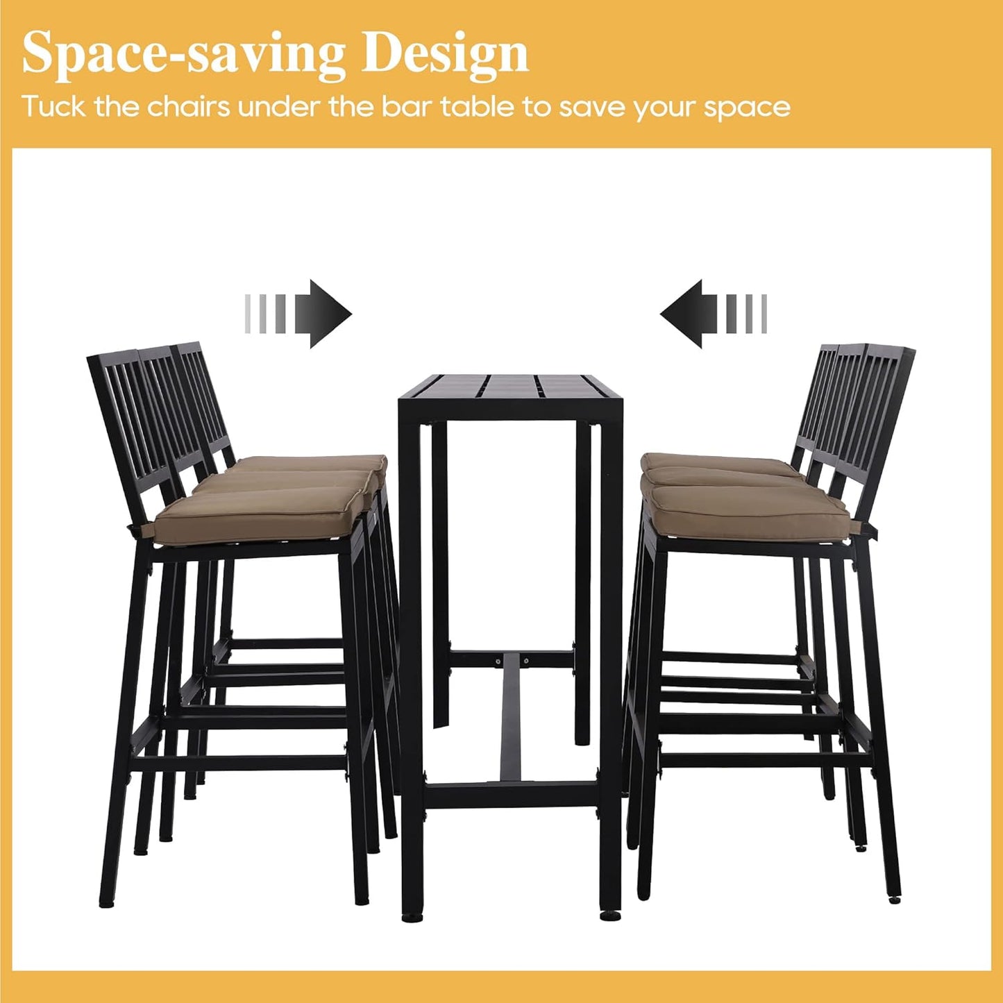 Outdoor Patio Bar Set, Bar Height Patio Dining Set, Weather-Resistant Bistro Counter Pub Set with Cushions & Slatted Tabletop for Backyard, Garden, Yard (63" Table, 6 "I Style Stool, Black)