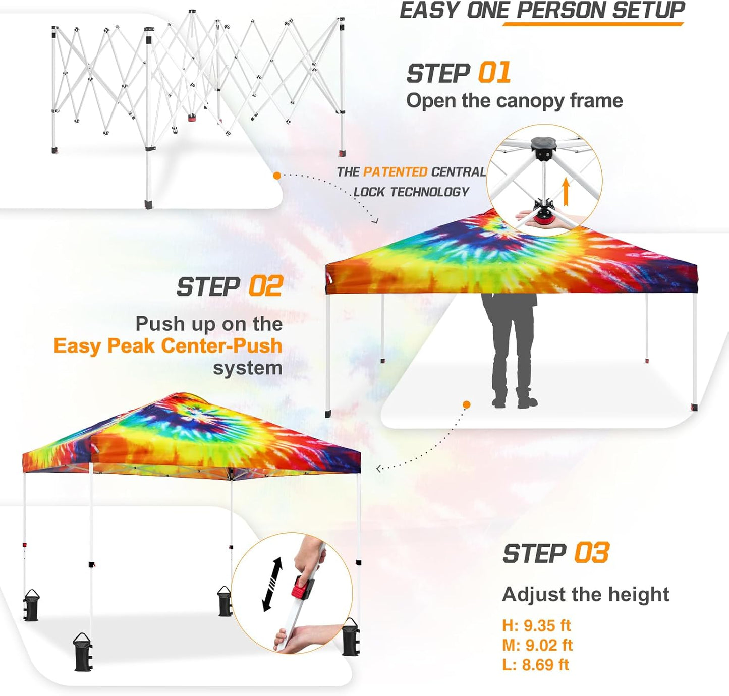 EAGLE PEAK Pop Up Canopy Tent with Wheeled Carry Bag, 8 Stakes, 4 Ropes, 4 Weight Bags, Easy Set Up Tent Canopy, 10x10 ft, 100sqft of Shade, Cosmic Tie Dye