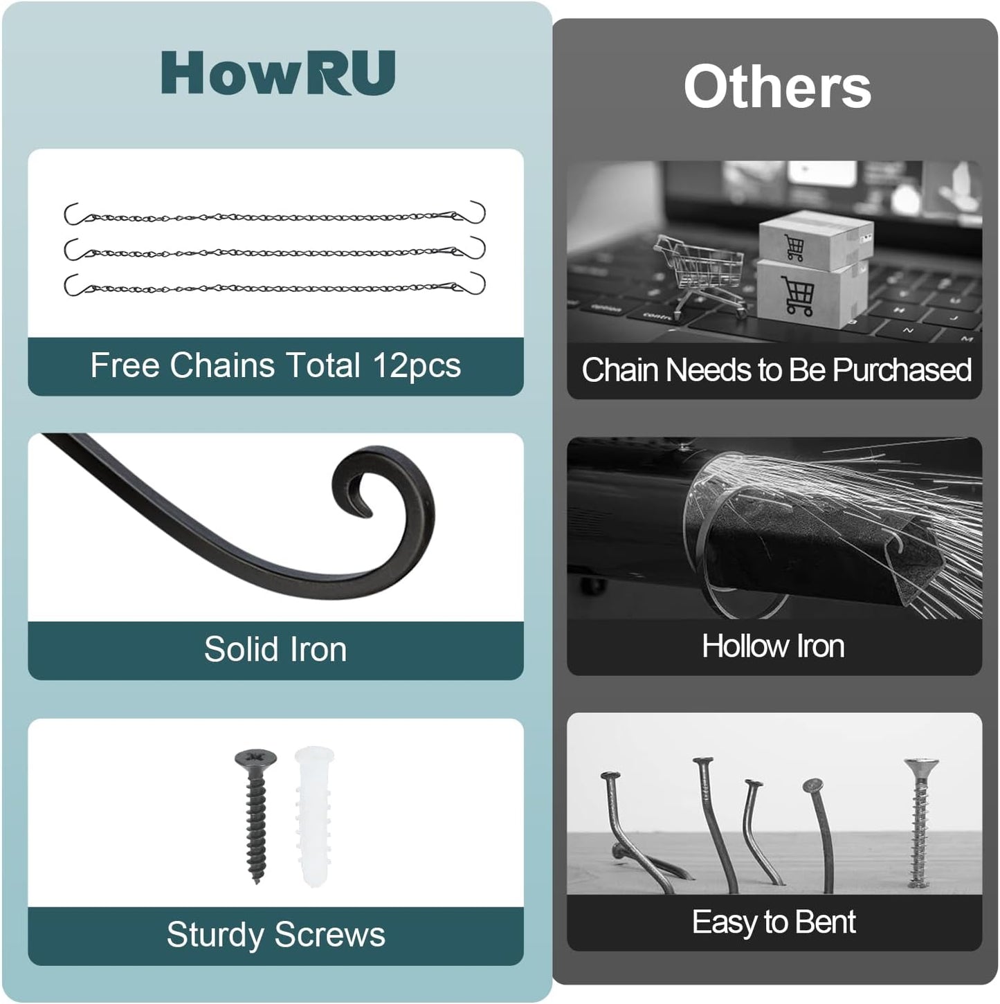 Plant Hangers Outdoor, 4 Pack 16 Inch Plant Hooks with 12 Chains for Wall Metal Plants Hanging Bracket for Bird Feeder, Flower Baskets, Wind Chimes, Lanterns, Indoor Outdoor, Black