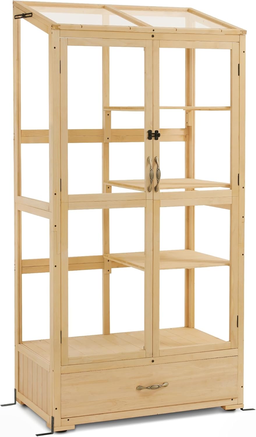 Macrout Cold Frame Greenhouse, Tall Wooden Greenhouse for Outdoor Indoor Use with Polycarbonate Panels, 3 Tier Garden Cold Frame with Drawer and Shelves, 0864 (Natural)