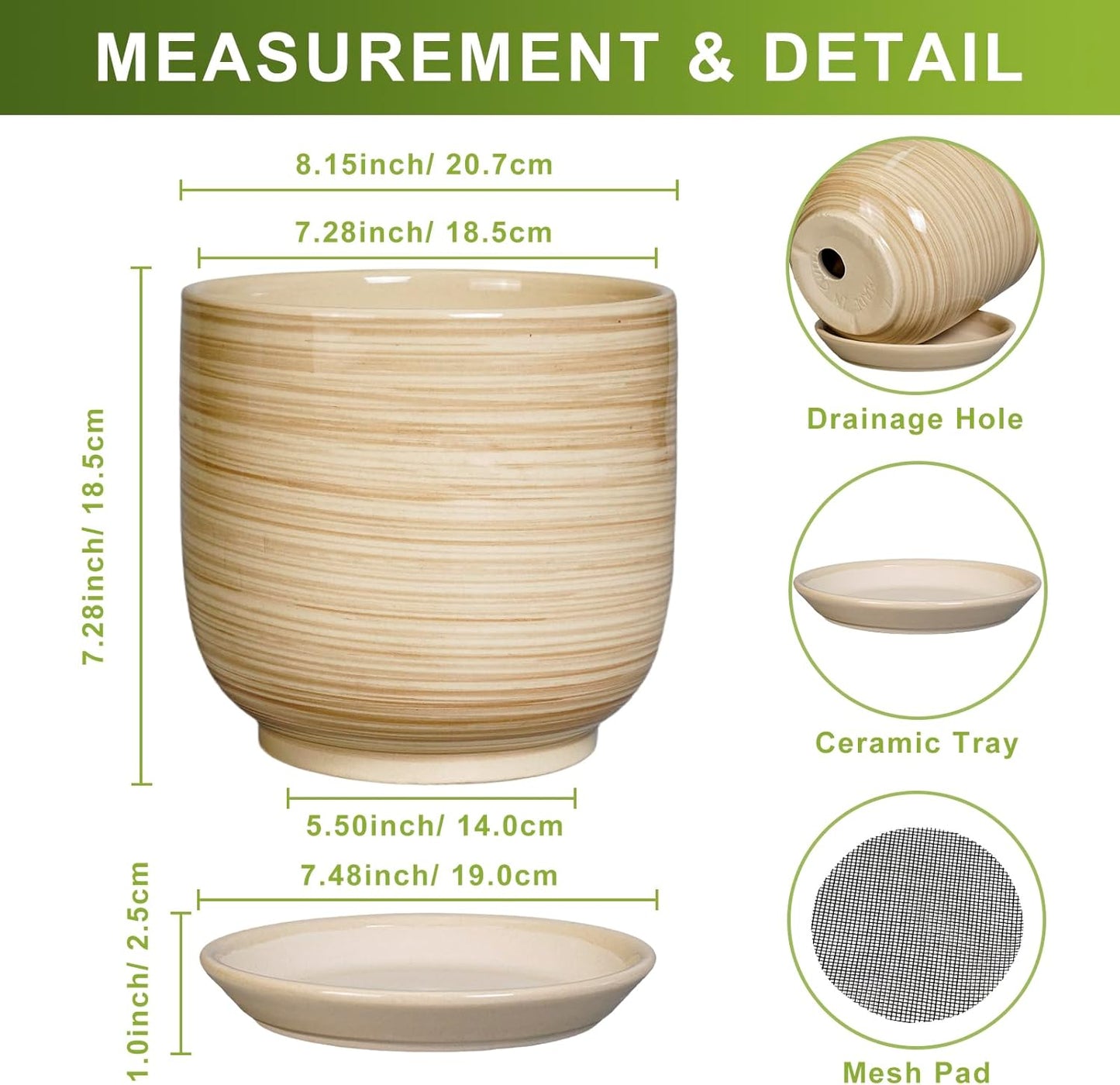 Indoor Plant Pot 8 Inch - Cylinder Modern Ceramic Planter for Indoor Outdoor Plants with Drainage Hole and Saucer, House Office Home Room Desk Decor, Yellow