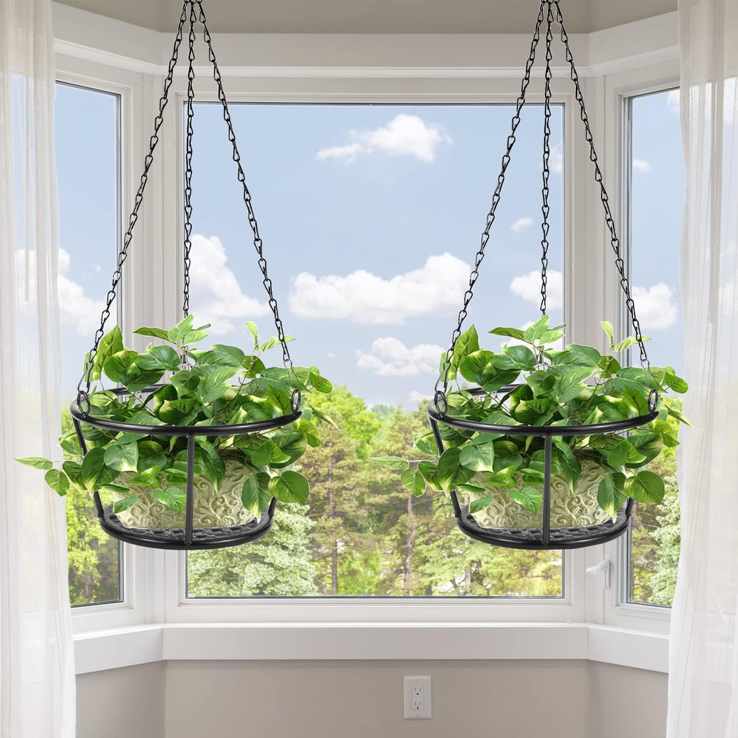 ARTORA 2 Pack Metal Plant Hanger, Modern Plant Hanging Basket Decorative Black Plant Pot Holder Flower Planter Hanging Chain for Balcony Porch Indoor Outdoor Home Decor (Black 2PCS)