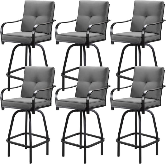 Patio Swivel Bar Stools Set of 6, Outdoor Bar Height Patio Swivel Chairs with Cushion for Garden Balcony Backyard (Grey)