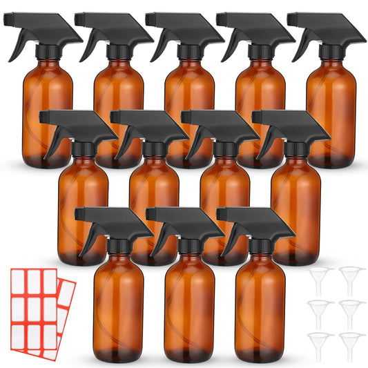 Norme 12 Pcs 8 oz Glass Spray Bottles with Funnels and Labels Refillable Cosmetic Empty Spray Bottles with Sprayer Containers for Essential Oil Cleaning Solutions(Amber,Classic)