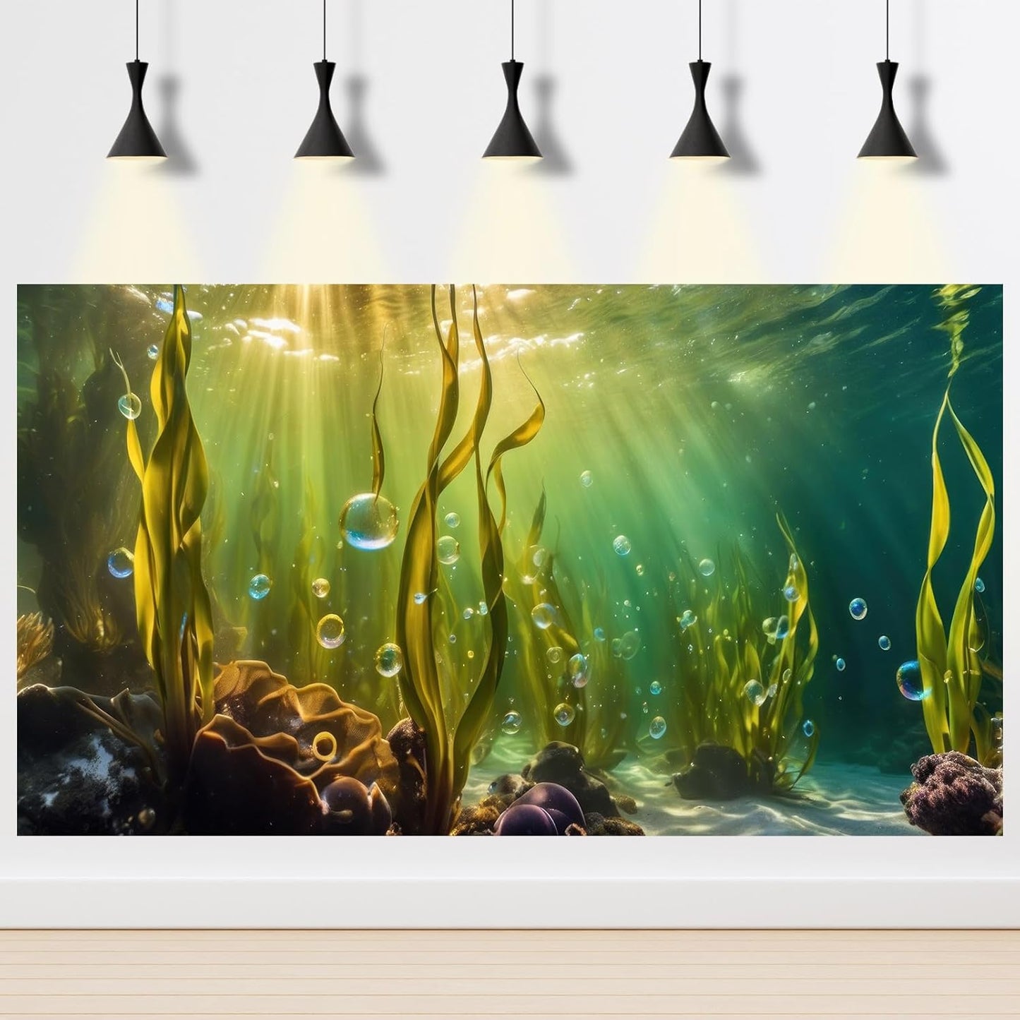 Aquarium Background Underwater Beautiful Coral Reef with Seaweed Bubbles Terrarium Backdrop Aquatic Plants Sunlight Rays Fish Tank Background Tank Aquarium Wallpaper Poster Decor Vinyl 48x24in