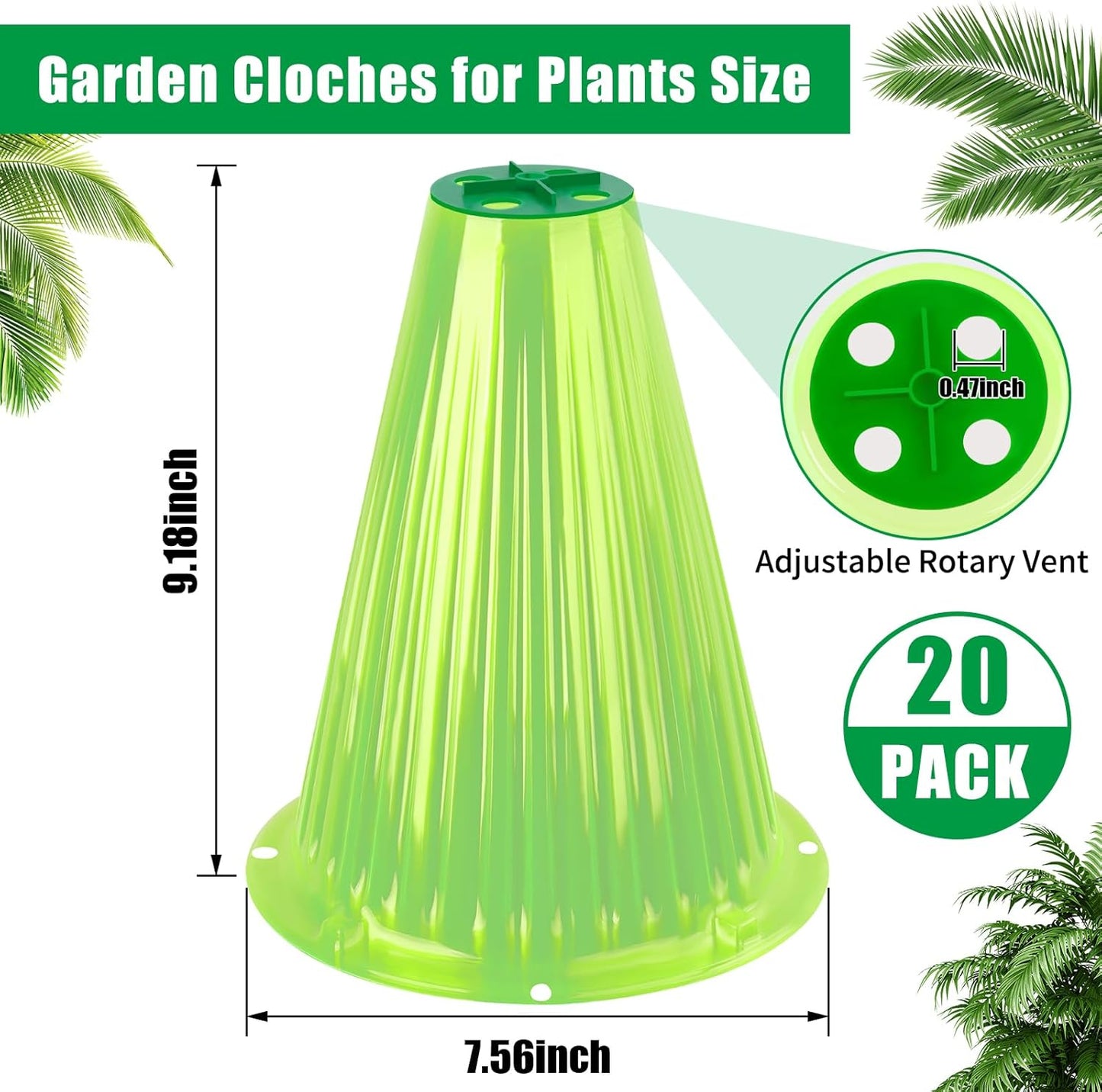 UQM 20 Pack Garden Cloches for Plants, Reusable Bell Plant Protector with Rotary Vent Cover, Garden Protection from Animals Snails Birds Chickens Insect, 9.18" H X 7.56" D (Green)