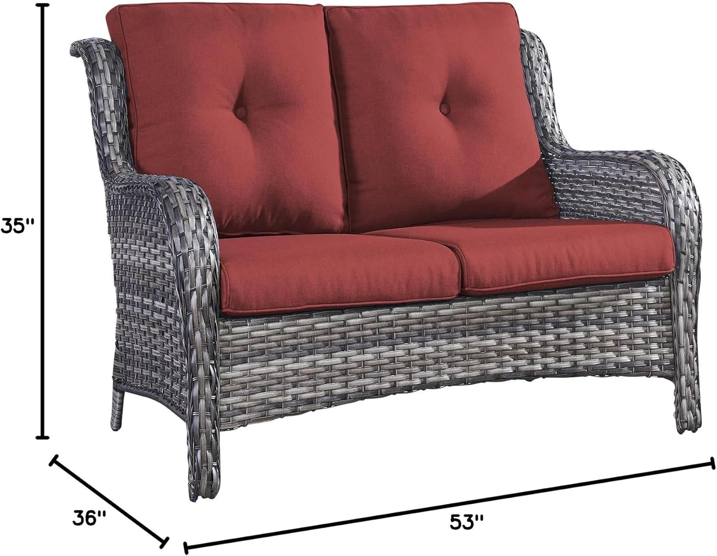 Outdoor Loveseat Patio Couch - 500 Lbs Weight Capacity Wicker Loveseat with High Backrest Wide Armrest, Small Patio Furniture Rattan 2 Seater Sofa for Balcony Deck Proch Poolside Grey