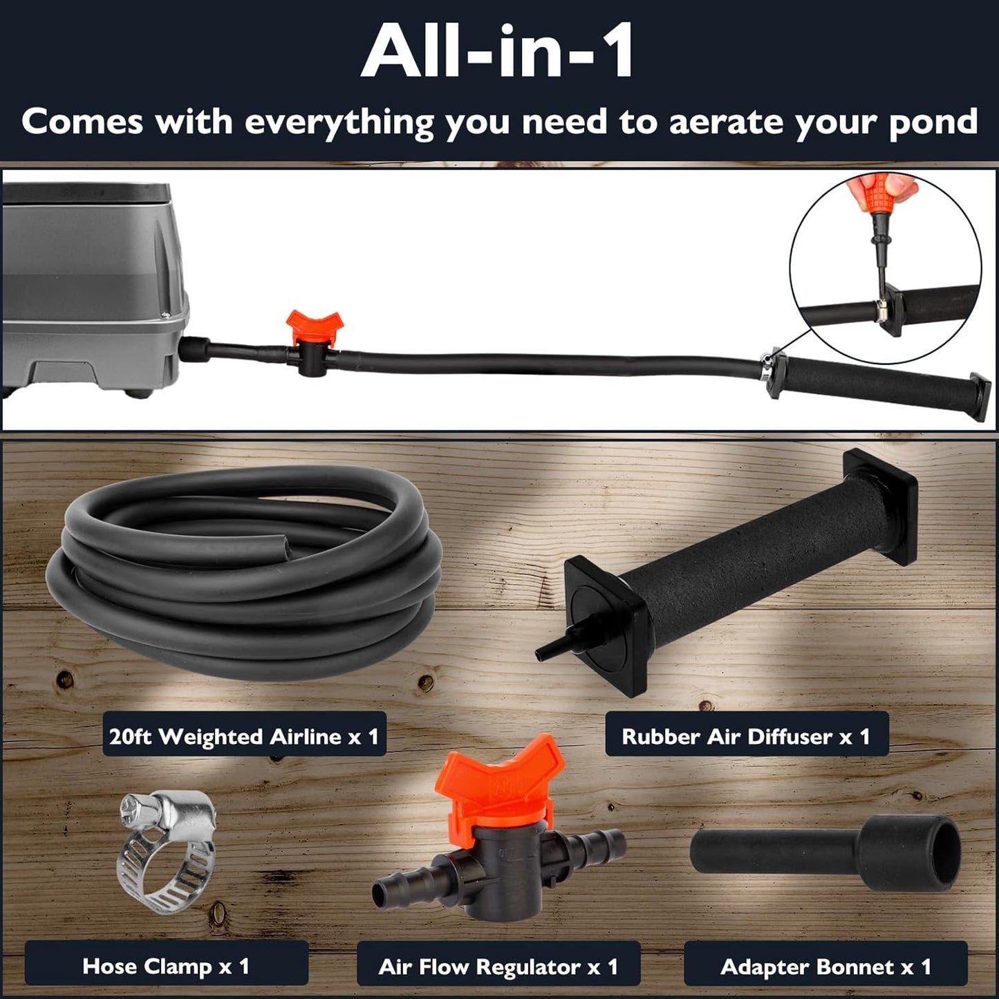 AquaMiracle Koi Pond Aerator Pond Air Pump for Outdoor Ponds 2000-5000 Gallons, All-in-One Pond Aeration Kit with Self-sinking Airline Flow Control Rubber Air Diffuser