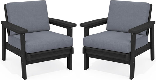 SERWALL HDPE Outdoor Couch Set of 2, Black Frame and Grey Cushion