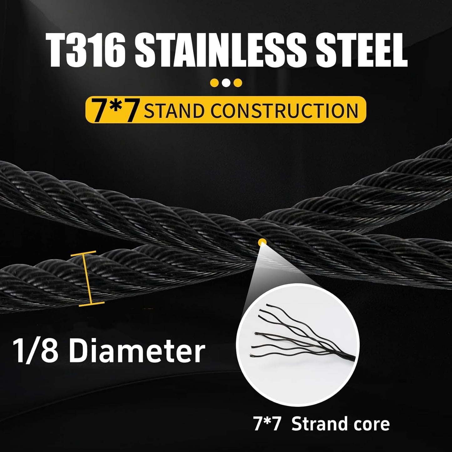 1200FT 1/8" Stainless Steel Cable Black 7x7 Strands Aircraft Cable T316 Wire Rope with Cable Cutter 1800lbs Breaking Strength for Deck Cable Railing, Stair, Fence, DIY Balustrades