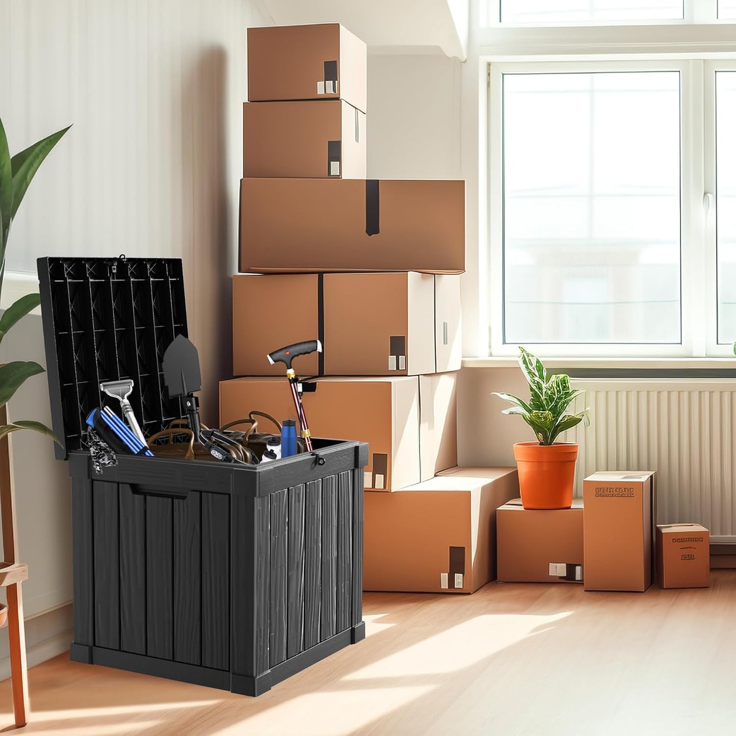 50 Gallon Resin Deck Box, Lockable Outdoor Storage Box for Patio Cushions Storage Furniture,Garden Tools, Pool Supplies, Weatherproof and UV Resistant（Black）