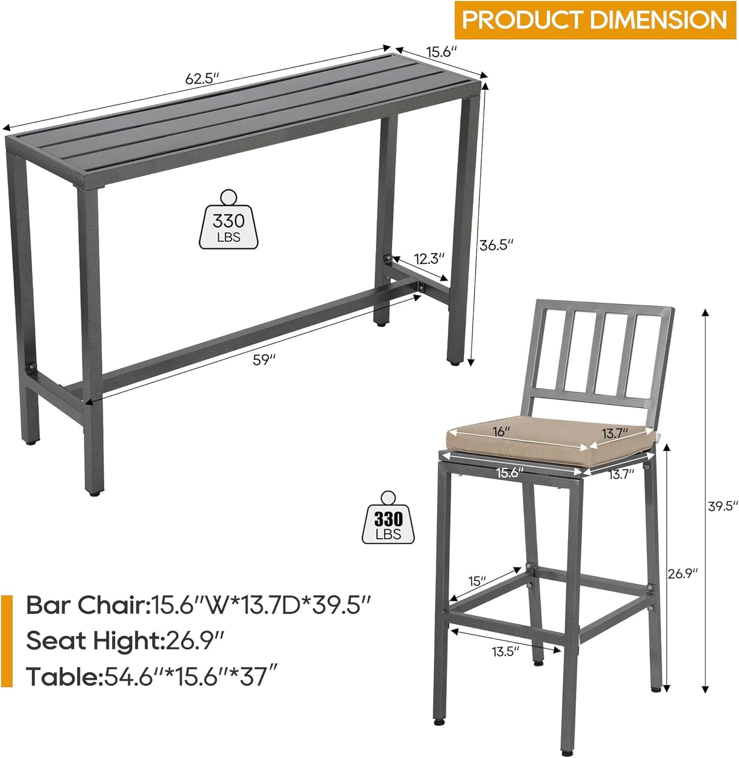 Outdoor Patio Bar Set, Bar Height Patio Dining Set, Weather-Resistant Bistro Counter Pub Set with Cushions & Slatted Tabletop for Backyard (Gray, 63" Table, 6 "I Style Stool)