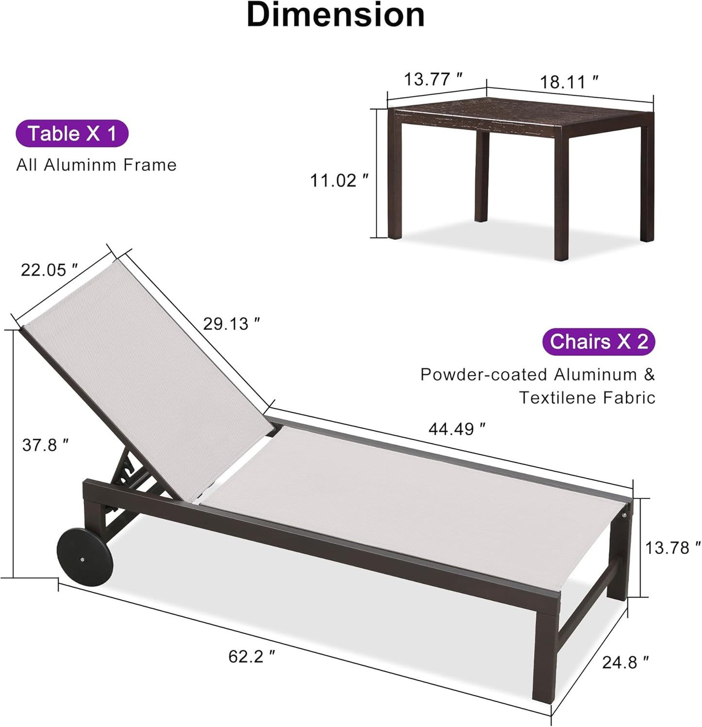 PURPLE LEAF Outdoor Chaise Lounge Chair Set of 3, Pool Lounge Chair for Outside, Aluminum Patio Chaise Lounger with Adjustable Backrest and Wheels for Deck, Outside, Lawn, Garden, Linen