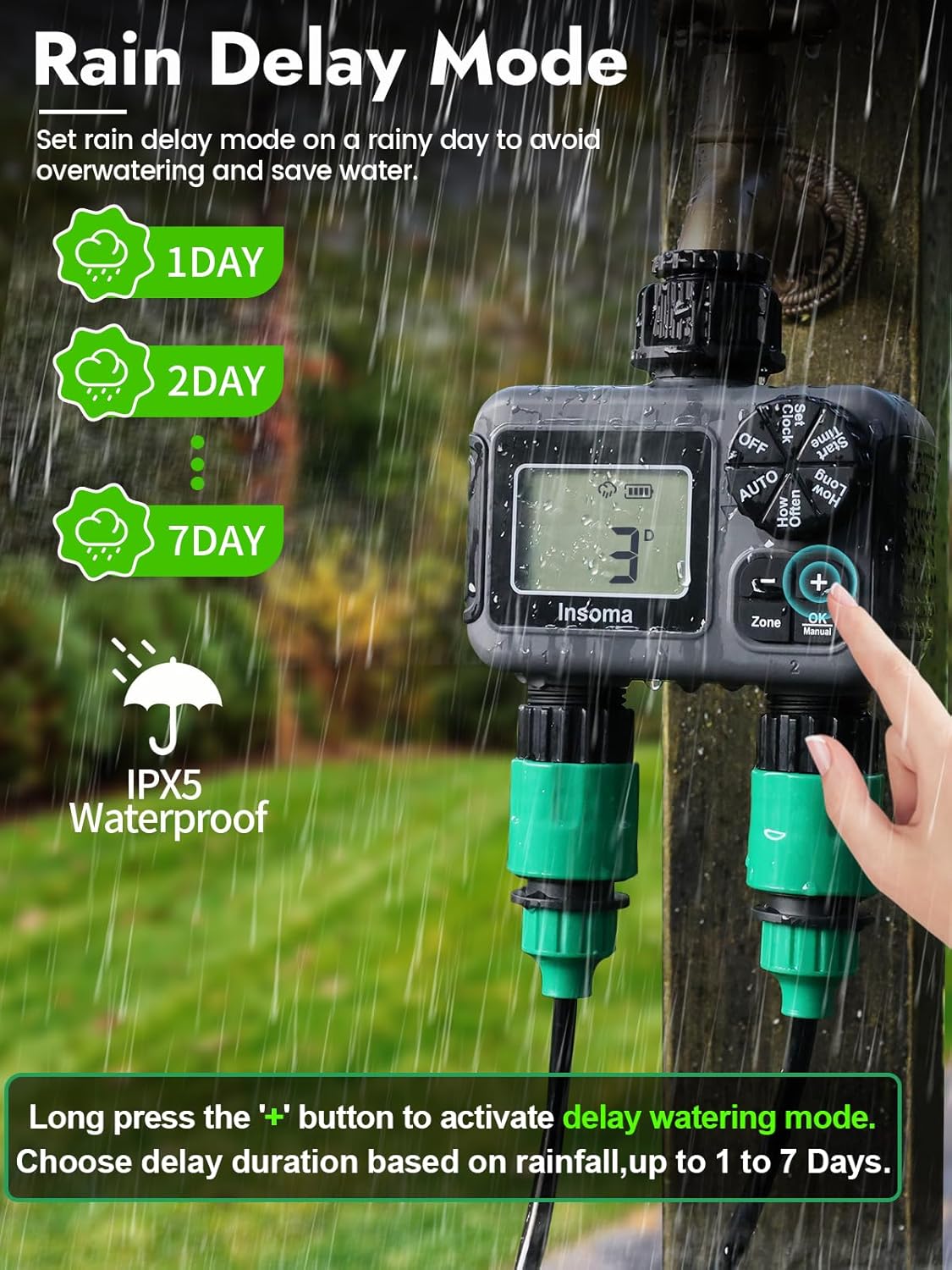 Insoma 2-Zone Sprinkler Timer, Programmable Garden Hose Timer with Auto/Manual/Rain Delay Modes | Water-Saving Irrigation Controller for Lawn, Yard & Drip Systems | Waterproof Design & Easy Setup