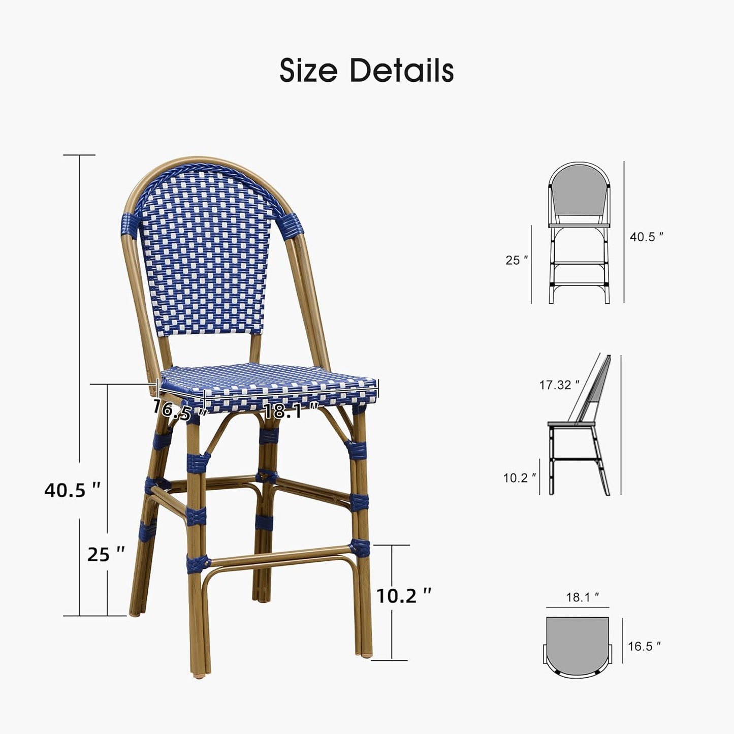 PURPLE LEAF French Counter Height Bar Stool Set of 2 25" Bamboo Print Finish Patio Bar Chairs with Back Rattan Bar Chairs French Bistro Set for Kitchen Outdoor Counter Stool Royal Blue