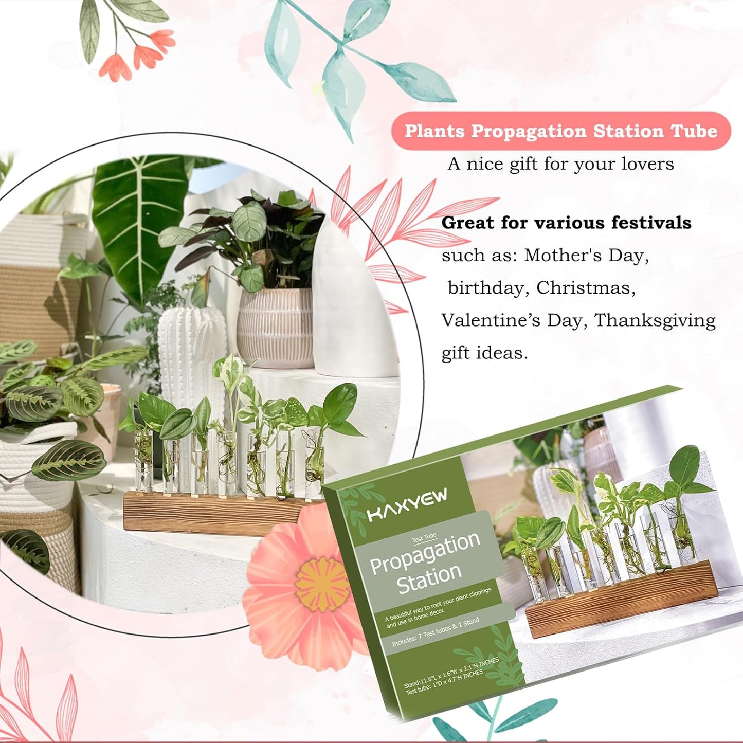 KAXYEW Plant Terrarium with Wooden Stand, Plant Propagation Tubes, 7 Test Tubes Glass Planter for Hydroponic Plant Cuttings Home Office Décor