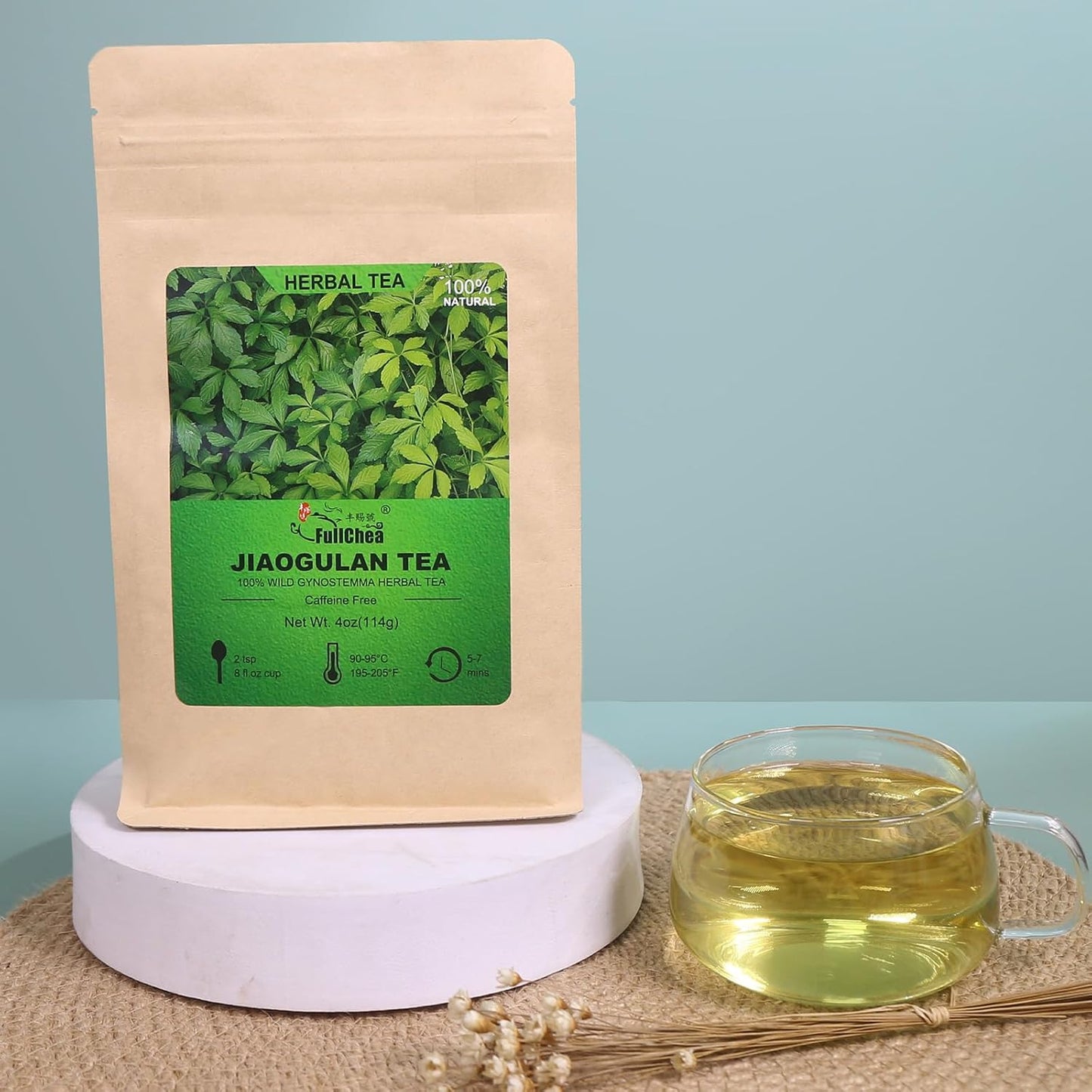FullChea - Premium Gynostemma Tea Jiaogulan Loose Leaf Tea Herbal Tea - Non-GMO, Sulfur-free, Caffeine-free - Enhance Immunity - 4oz/114g