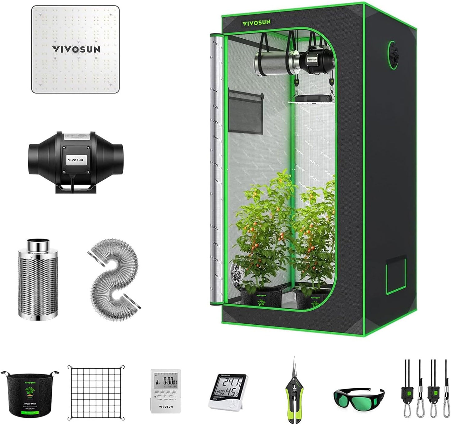 VIVOSUN 2.7 x 2.7 ft. Growing Tent Kit Complete, 32" x 32" x 63" Grow Tent Complete System with VS1000 Led Grow Light 4 Inch 190CFM Inline Fan Carbon Filter and 8 ft. Ducting Combo