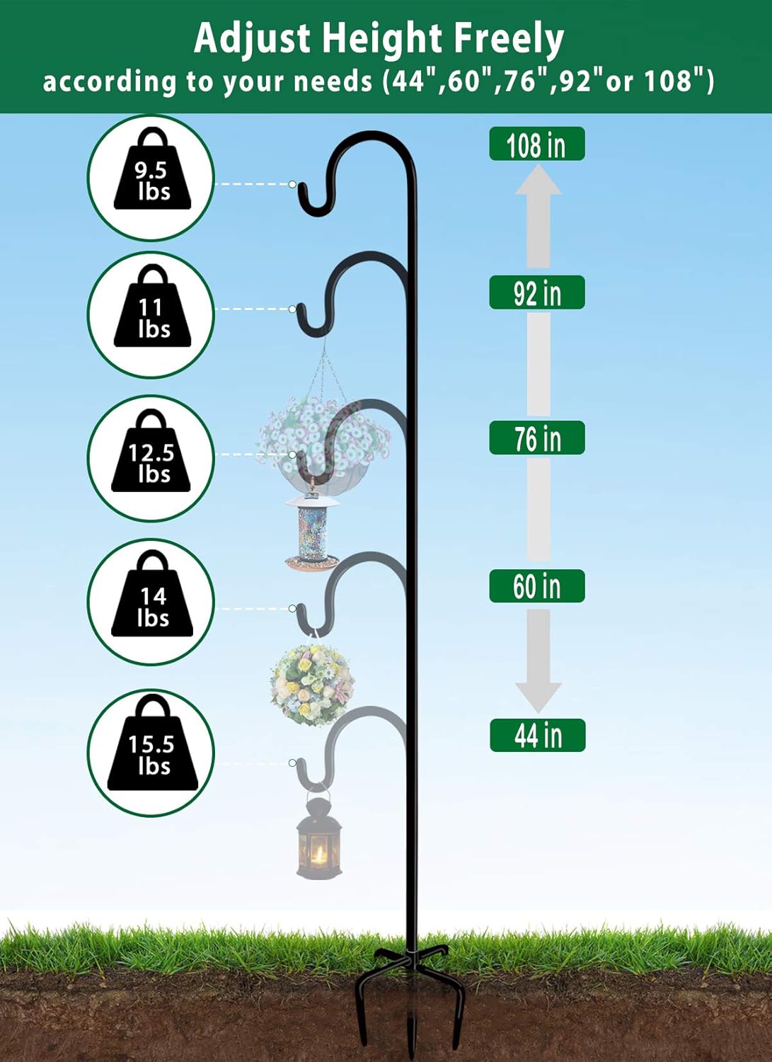 Artibear Adjustable Outdoor Shepherd Hook Stand with 5 Prong Base, 108 Inches Tall 3/5 in Thick, Shiny Black (2 Packs)