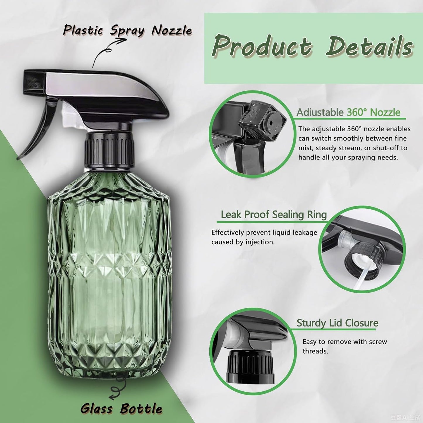Empty Glass Spray Bottles, 15oz Refillable Water Bottle Spray, Plastic Top Pump, Reusable Adjustable Mist Sprayer Squirt, Handheld Bottles Containers Refillable for Hair, Cleaning, Gardening, Plants