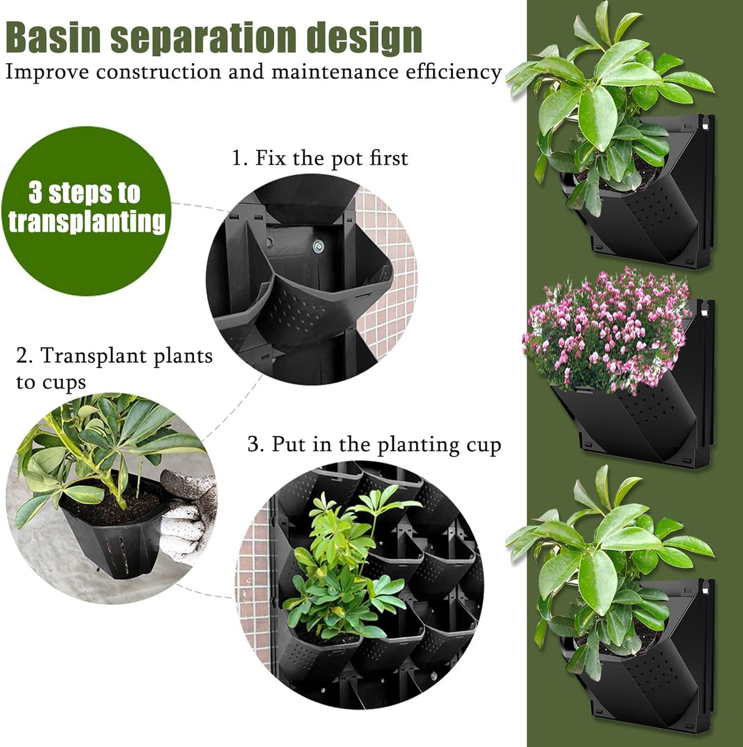 Self Watering Wall Planter with 3 Pots, Vertical Garden Planter for Indoor Plants, Mounted planters Hanging Flower Herbs Vegetables, Wall Garden for Home