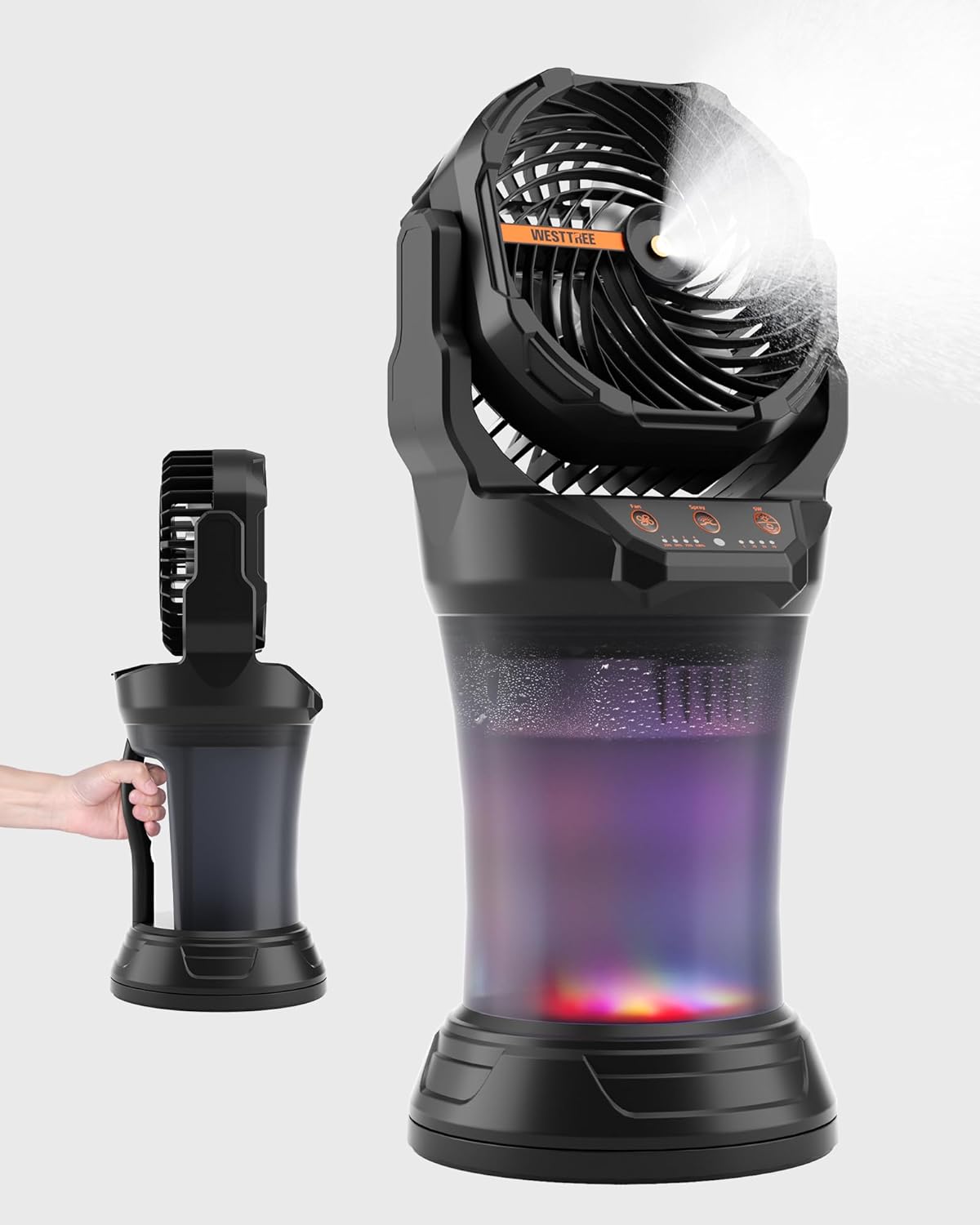 Portable Misting Fan with Large Battery Fan-Rechargeable Outdoor Misting Cooling Fans with 2L Water Tank,RGB Lights,4 Speeds & Spray Modes-for Patio, Camping, Beach, Workshop (Black)