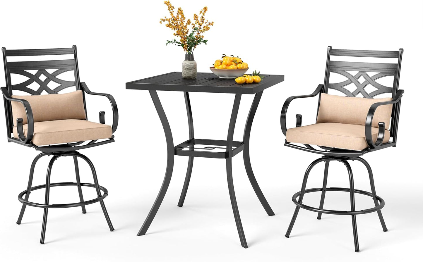 PHI VILLA 3 Pieces Patio Bar Set,Outdoor Bar Table and Chairs Set, Strong and Heavy Duty Outdoor Bar Set with Cushion and Pillow，2PCS Swivel Bar Stools with Square Bar Height Table