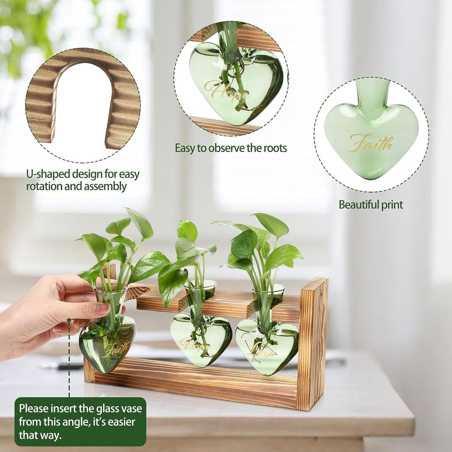 Plant Terrarium Propagation Stations Faith Hope Love Hydroponics Home Garden Decoration Gift for Women with Wooden Stand Heart Shaped Colored Glass Vase
