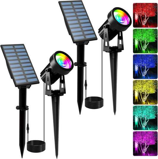 T-SUNUS Halloween Color Changing Solar Landscape Spotlights 2 Pack, IP65 Waterproof Christmas Lights 9.8ft Cable, Outdoor RGB Spot Light Separated Panel for Flag Tree Yard Garden Driveway Walkway Pond