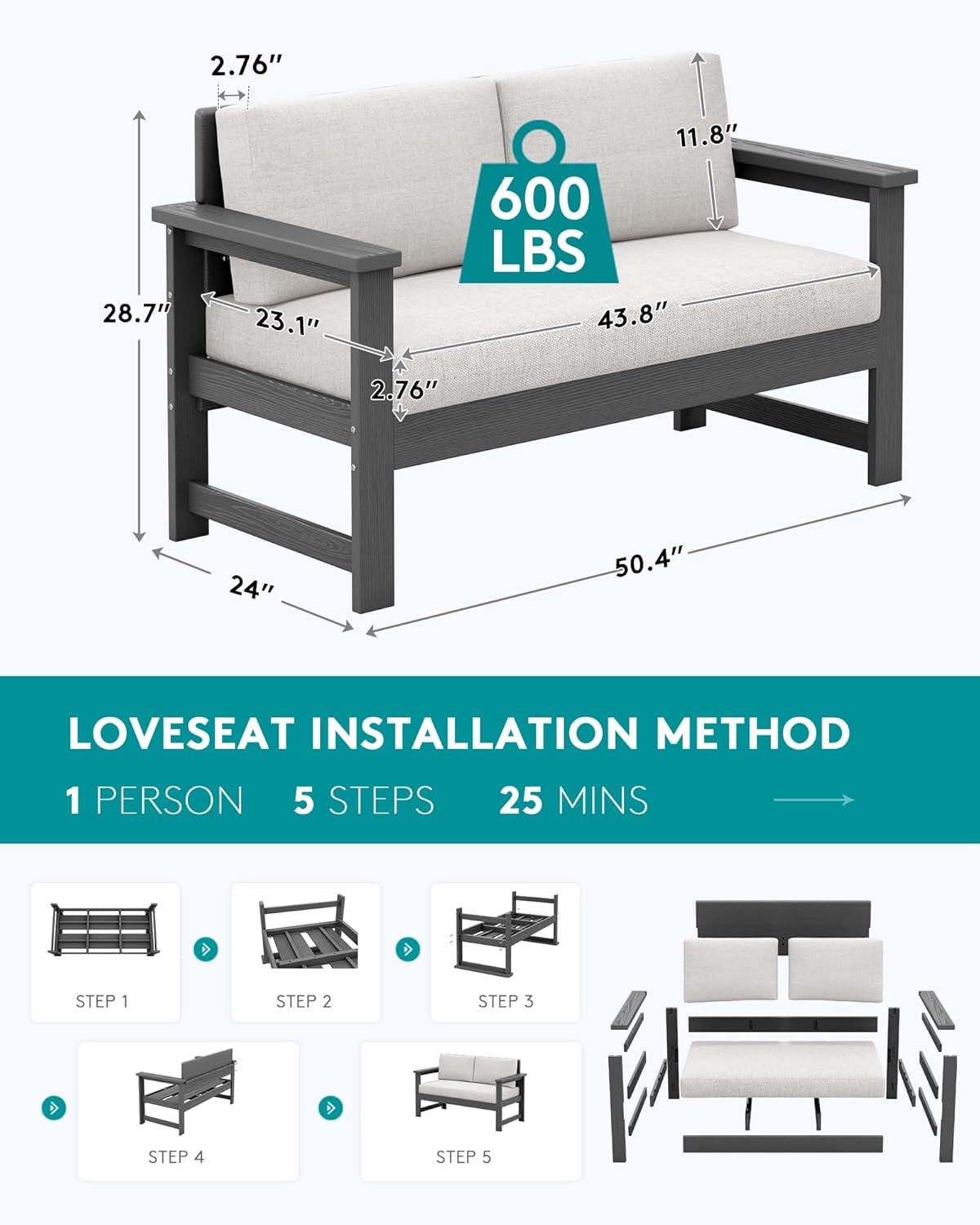 SERWALL Gray HDPE Outdoor Loveseat with Khaki Cushions, All Weather Use Outdoor Loveseat Sofa, Gray Frame with Khaki Cushions