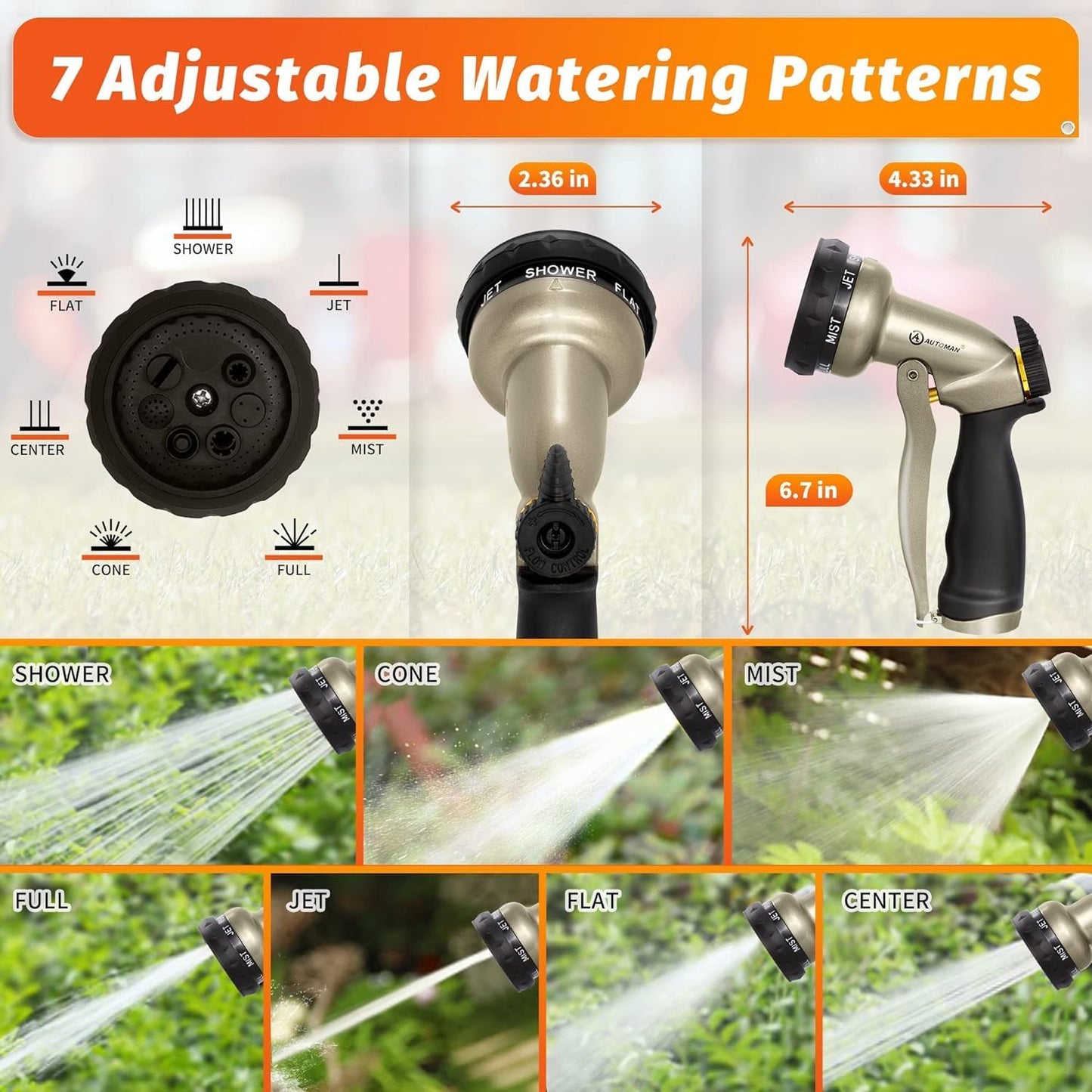 AUTOMAN Garden Hose Nozzle-7 Patterns Sprayer-2 Pack, Metal High Pressure Spray Nozzle, Heavy Duty Labor-Saving Design Water Hose Nozzle for Garden Watering, Car Washing, Window Cleaning, Pets Bathing