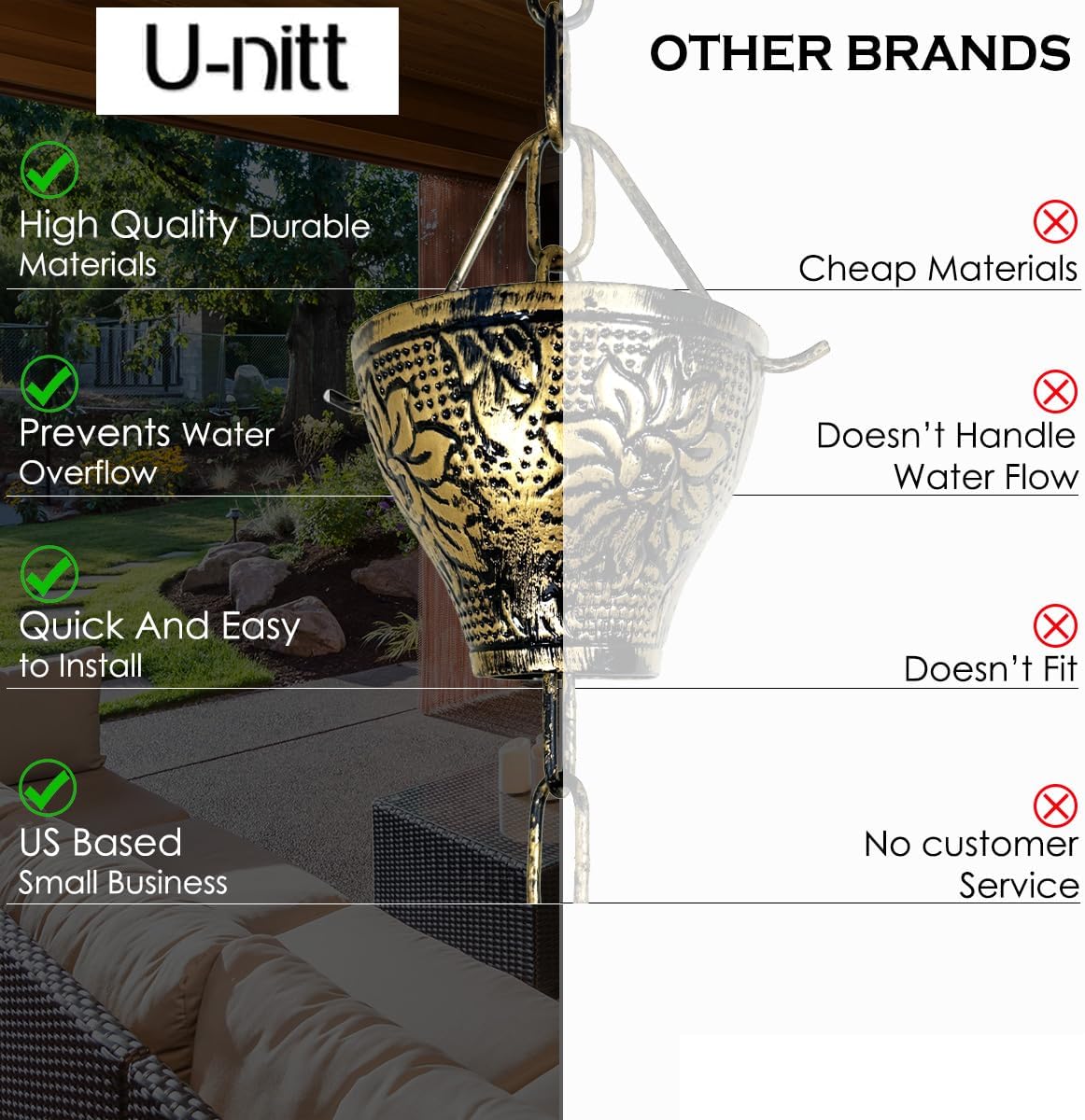 U-nitt Rain Chain Water Collection for Gutters, Rainwater Catcher & Diverter, 8.5 FT Chains for Outside Garden, Sunflower Cups, Roof Downspout, Works with Heavy Rain, w/Gutter Clip for Rainchains