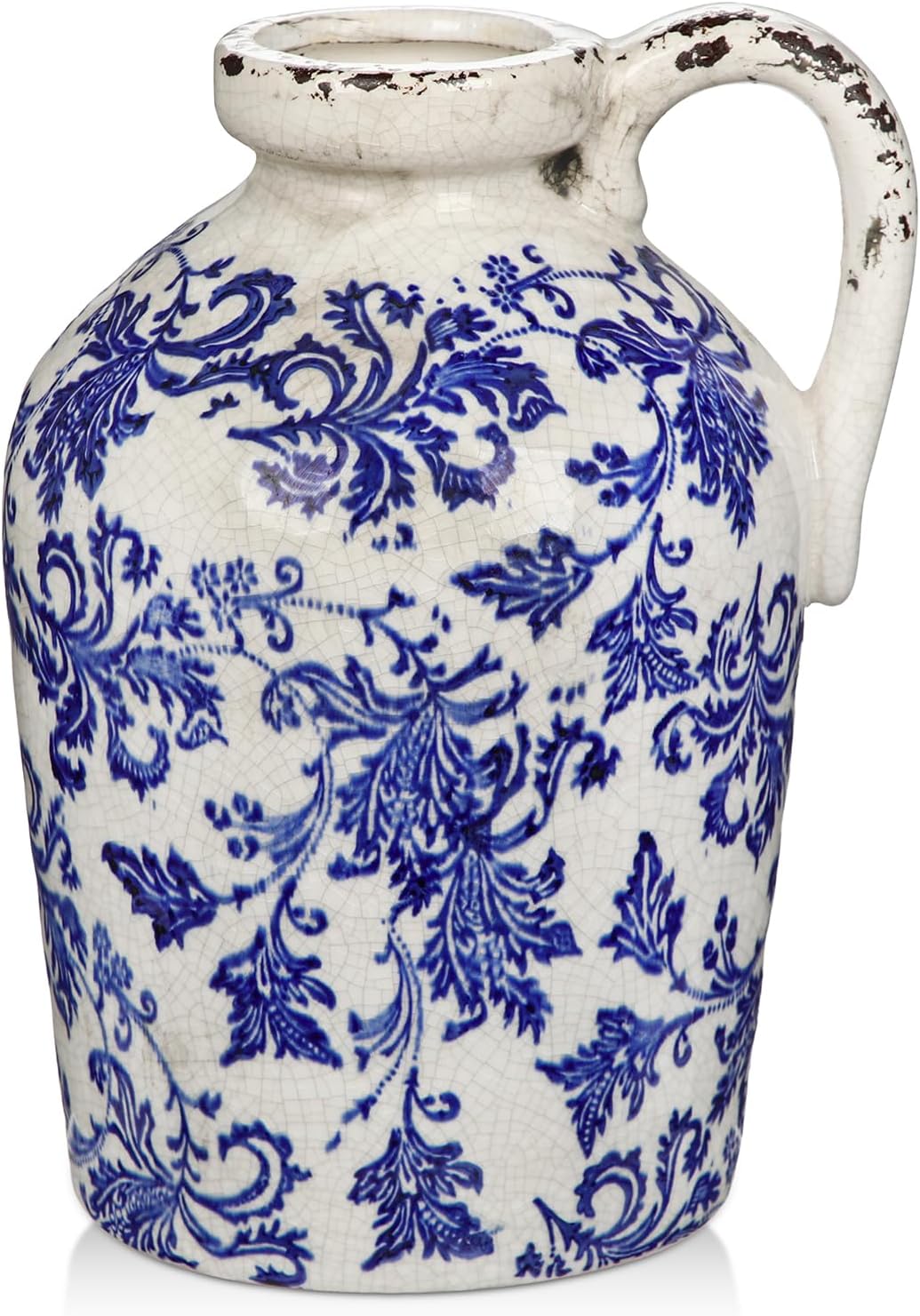 Ceramic Rustic Farmhouse Vase, 9 inch Ceramic Blue and White Vase for Centerpieces Pampas Grass Pottery Jug with Handle Boho Chinoiserie Decor Vintage Vases for Living Room Kitchen Dinner Table Shelf