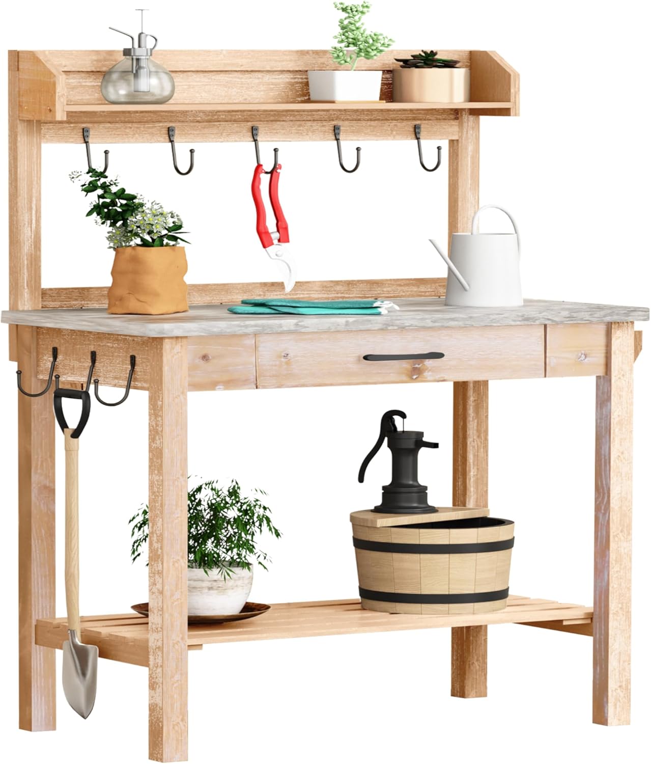 Outdoor Potting Bench Table with Metal Tabletop, Planting Table Potting Work Station with Storage Drawer and Removable Shelf Rack, Garden Potting Table for Outdoors