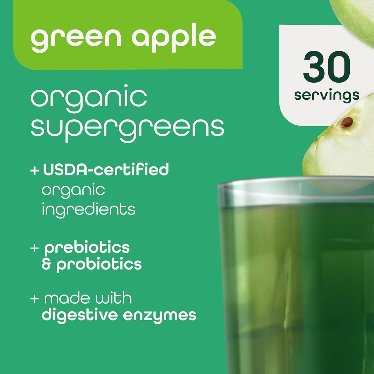 Zena Nutrition Organic Super Greens Powder, 70+ Superfoods, 0 Sugar, 3G Fiber, Spirulina, Chlorella, Antioxidants, Prebiotics/Probiotics, Digestive Enzymes, Green Apple, 30 Servings