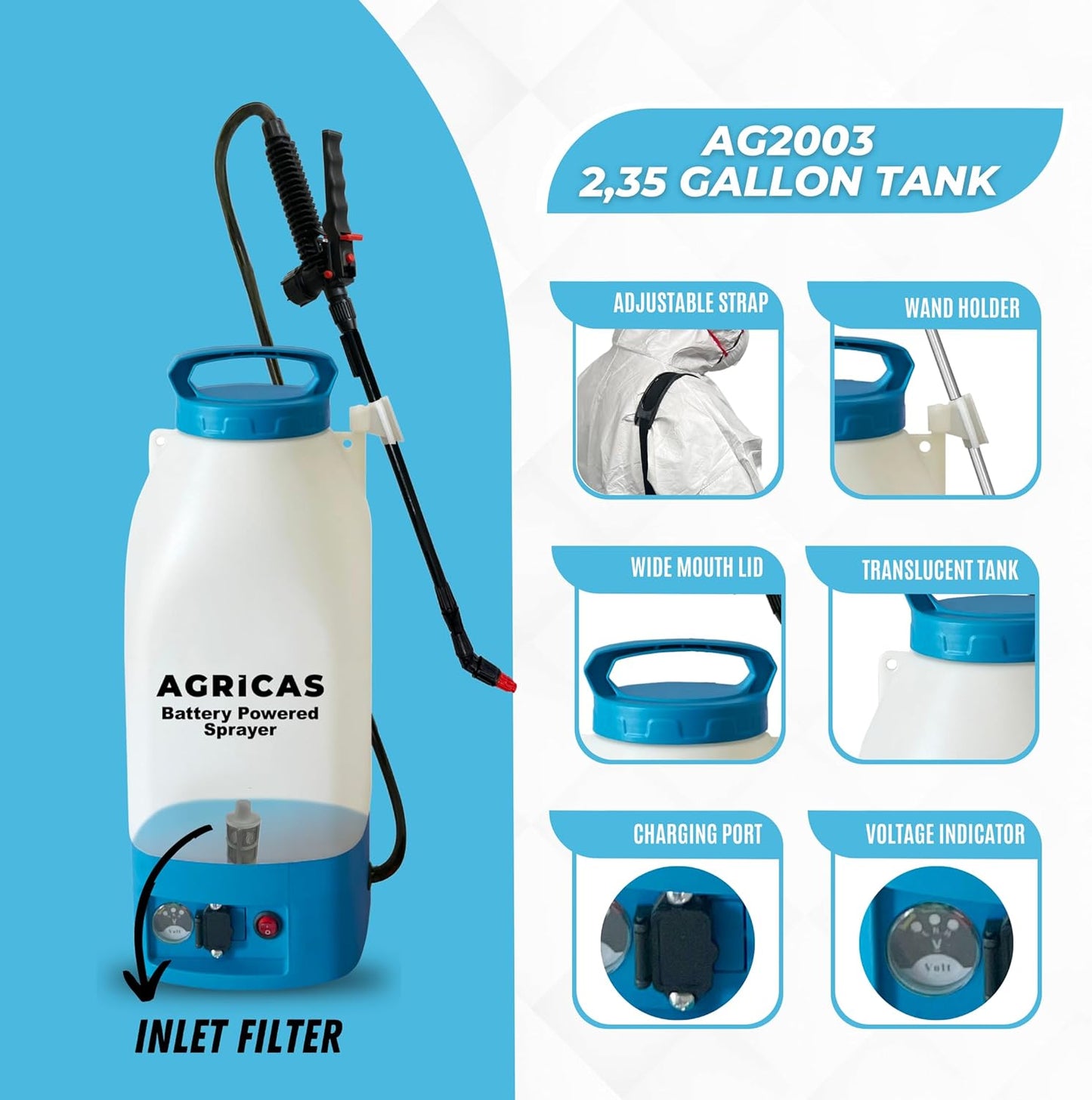 Battery Powered Sprayer 2.35 Gallon, Electric Garden Sprayer for Weed/Pest Control, 6 Nozzles, 50 PSI Pressure, Telescopic Wand, Shoulder Strap, Long-Lasting 12V Battery