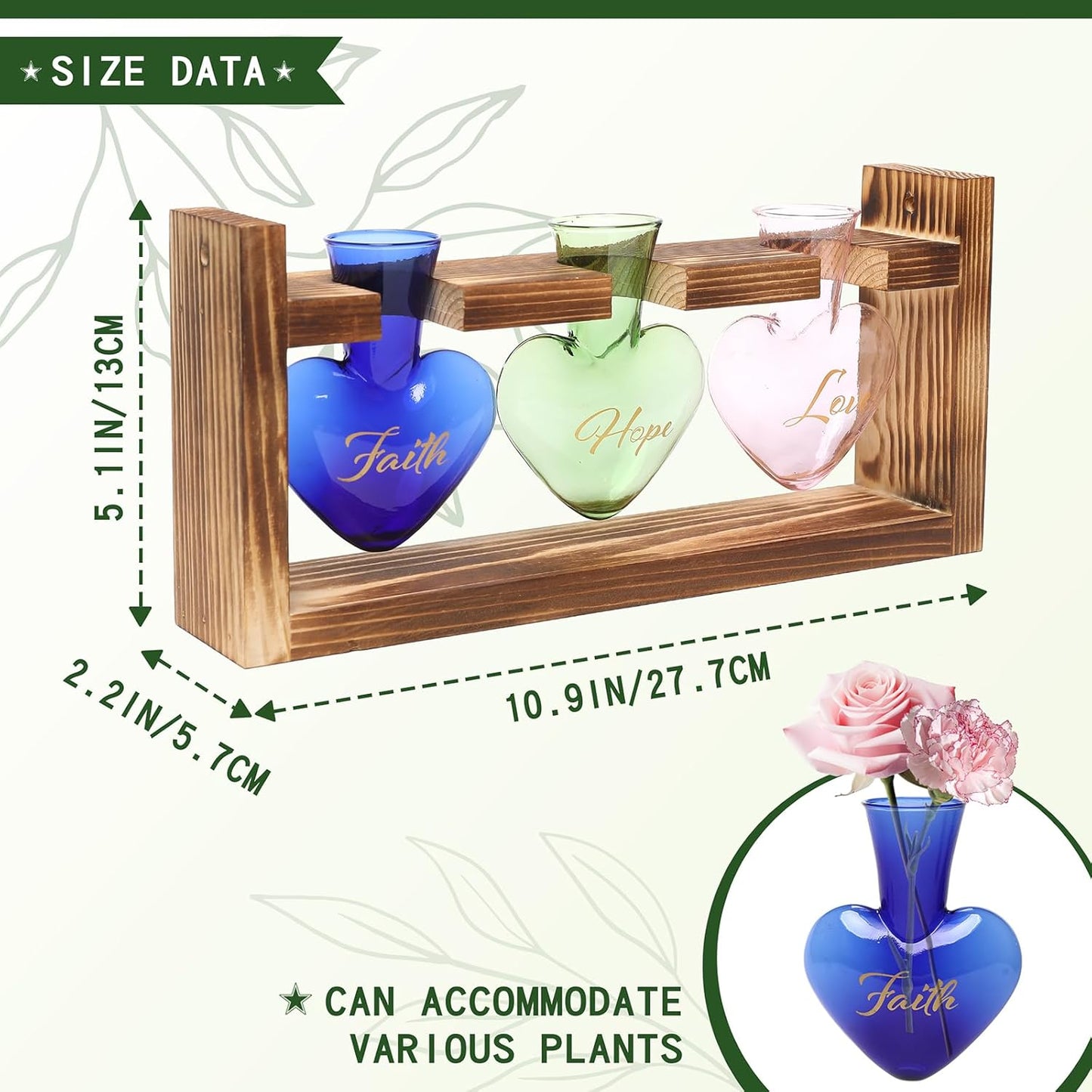 Plant Terrarium Propagation Stations Faith Hope Love Hydroponics Home Garden Decoration Gift for Women with Wooden Stand Heart Shaped Colored Glass Vase