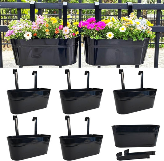 Hanging Planters for Outdoor Plants, 17" Railing Planter Pots, Metal Fence Flower Pot for Porch Balcony with Detachable Hook (Black, Pack of 6)