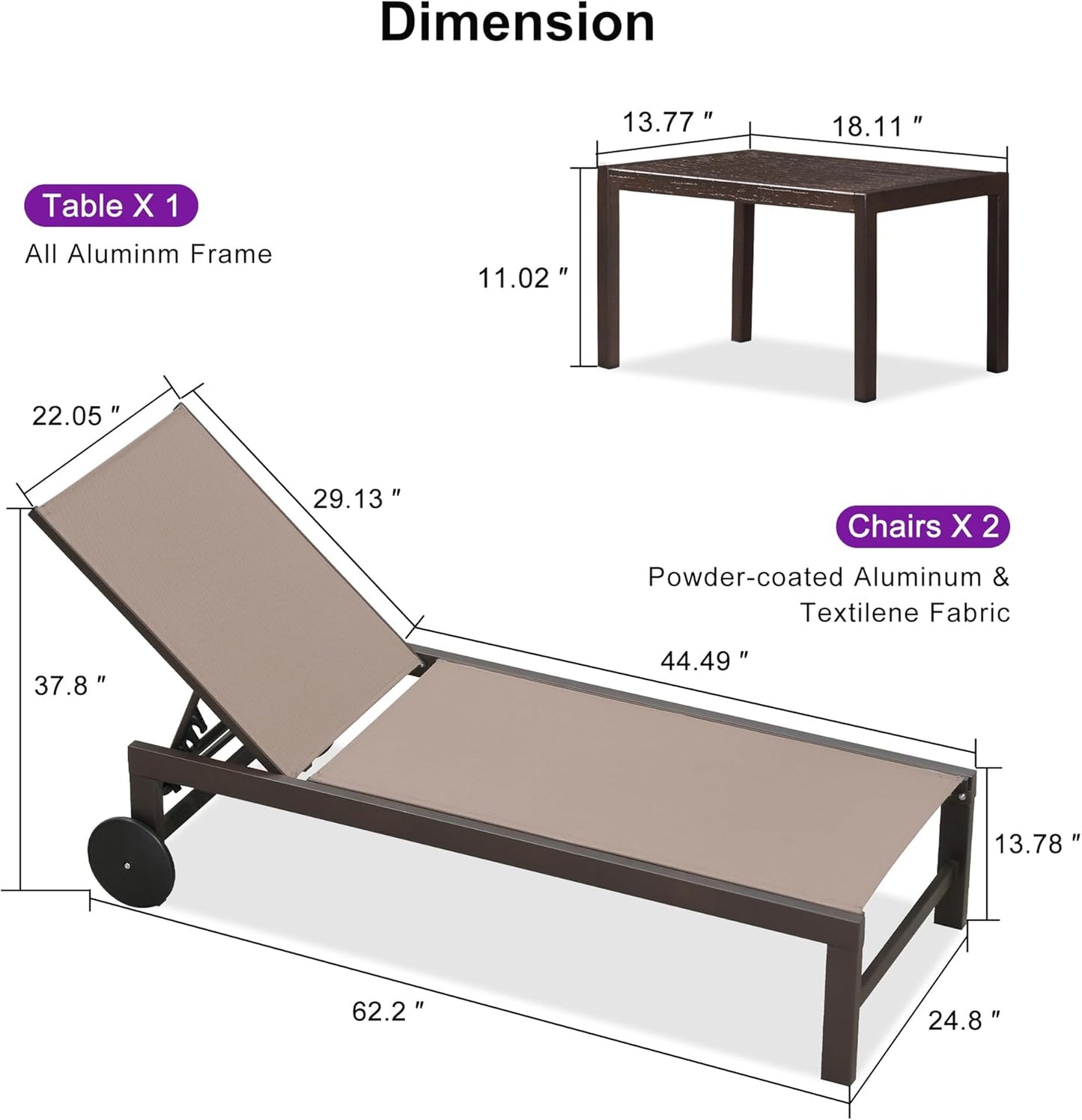 PURPLE LEAF Outdoor Chaise Lounge Chair Set of 3, Pool Lounge Chair for Outside, Aluminum Patio Chaise Lounger with Adjustable Backrest and Wheels for Deck, Outside, Lawn, Garden, Taupe
